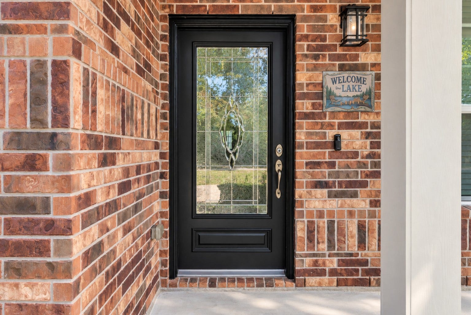 78 Heritage Mill, The Woodlands, TX 77375 A welcoming covered entryway features beautiful brickwork and an elegant glass-paneled front door, creating a warm and inviting first impression.
