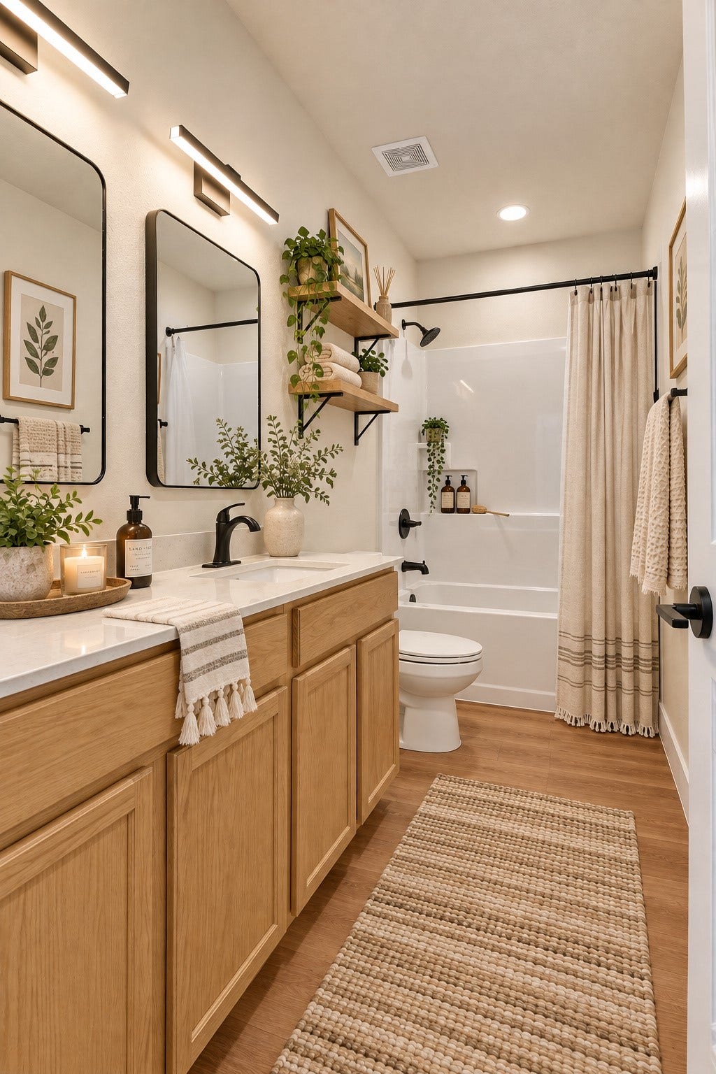 78 Heritage Mill, The Woodlands, TX 77375 Spacious upstairs full bathroom featuring a double-sink vanity, modern fixtures, beautiful wood flooring, and a tub/shower combination.