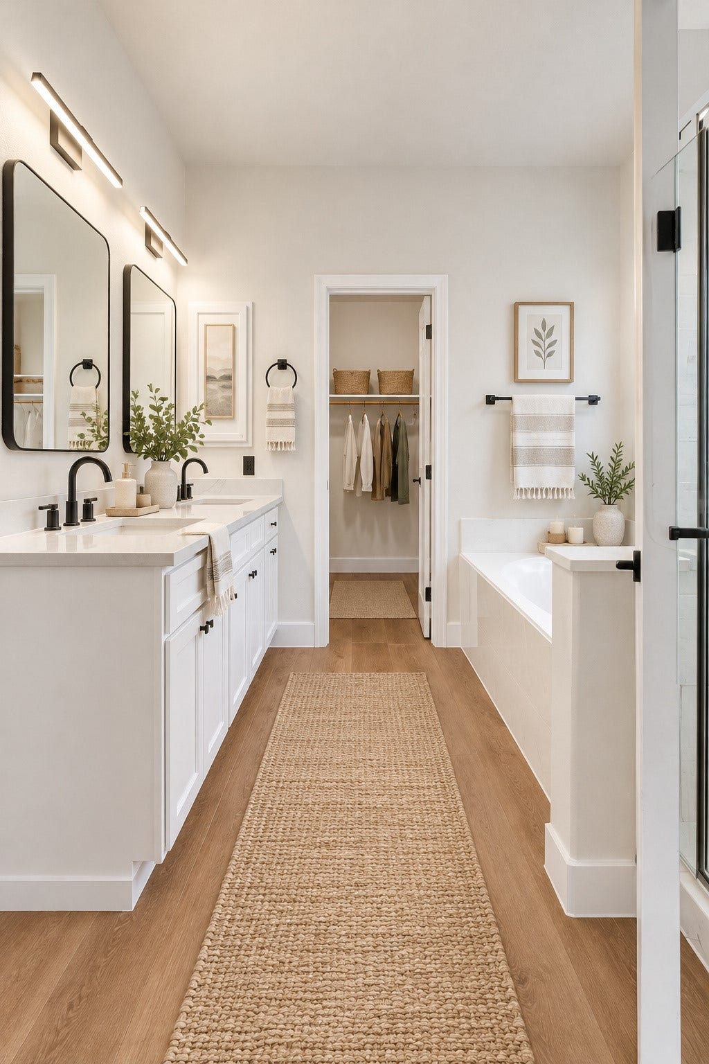 78 Heritage Mill, The Woodlands, TX 77375 Beautifully updated primary bathroom featuring dual vanities, modern fixtures, elegant finishes, and gorgeous wood flooring, creating a bright, spa-like retreat.