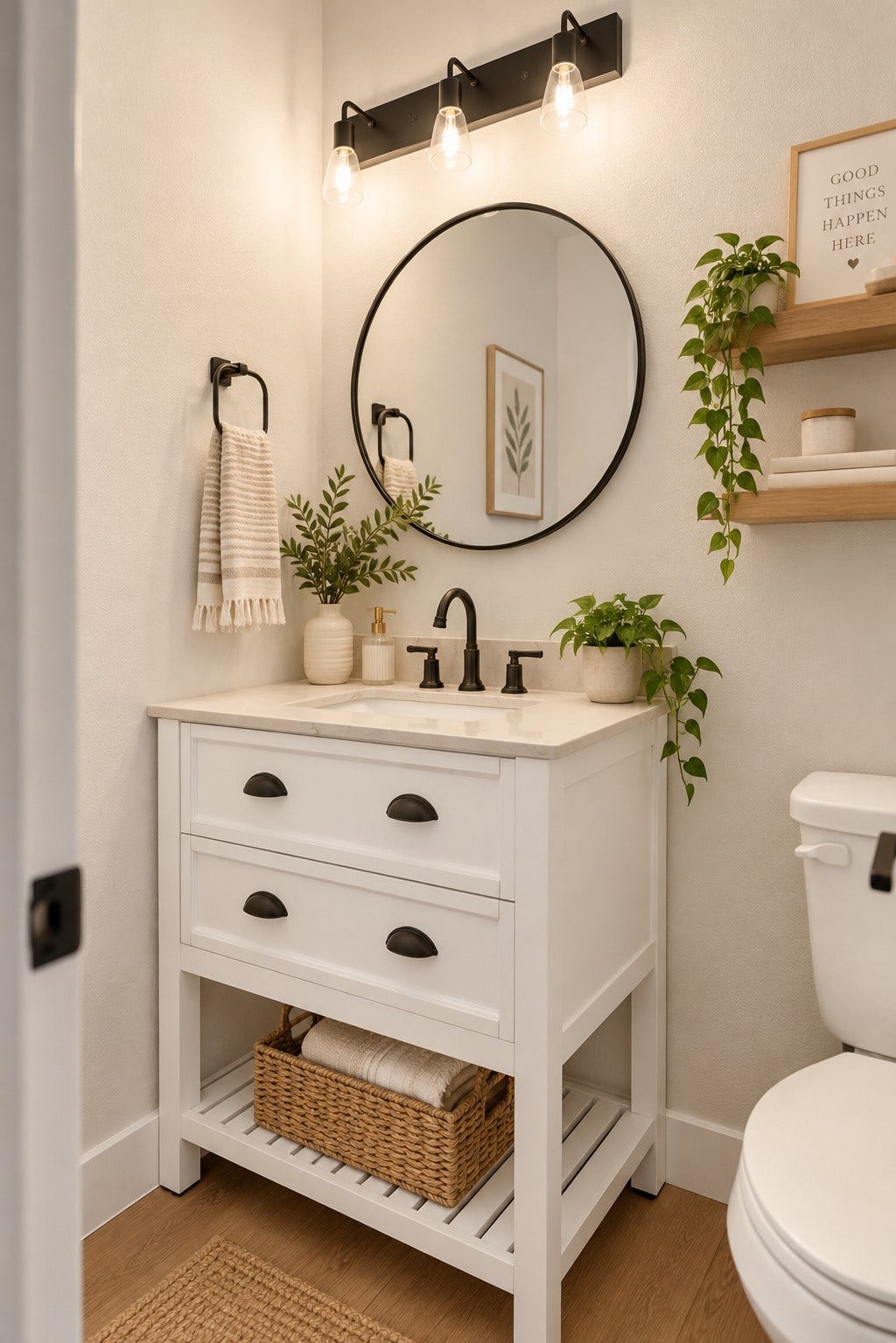 78 Heritage Mill, The Woodlands, TX 77375 Charming half bath featuring a stylish white vanity, round mirror, and elegant finishes with tasteful decorative accents.