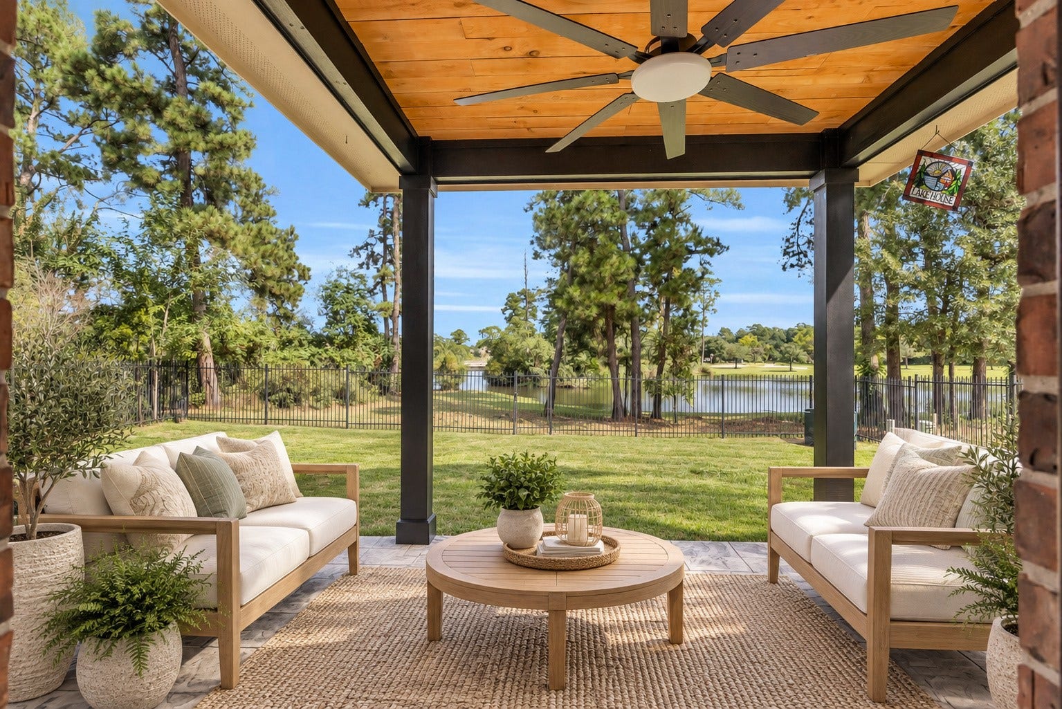 78 Heritage Mill, The Woodlands, TX 77375 Enjoy peaceful waterfront views from the spacious covered patio, featuring a beautiful wood-paneled ceiling and a serene backdrop of Schweinle Lake and towering trees.