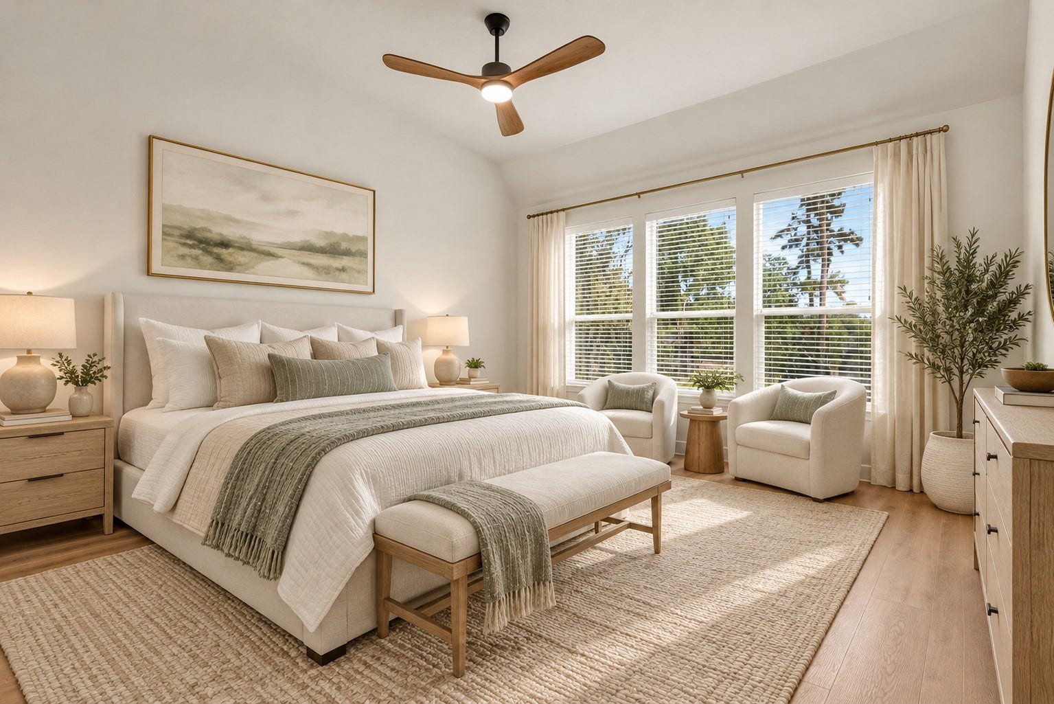 78 Heritage Mill, The Woodlands, TX 77375 Beautifully appointed primary suite featuring abundant natural light, elegant finishes, and a peaceful, inviting atmosphere with serene views of the outdoors.