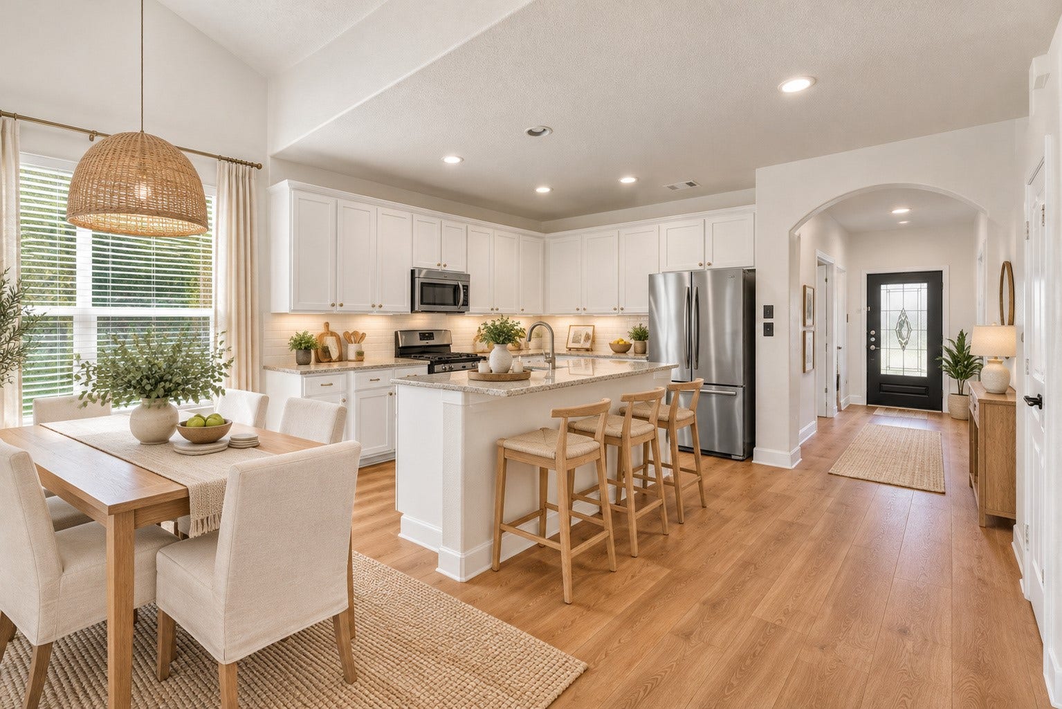 78 Heritage Mill, The Woodlands, TX 77375 Bright, open-concept kitchen featuring white cabinetry, stainless steel appliances, and a spacious breakfast bar, seamlessly connecting to the dining and living areas.
