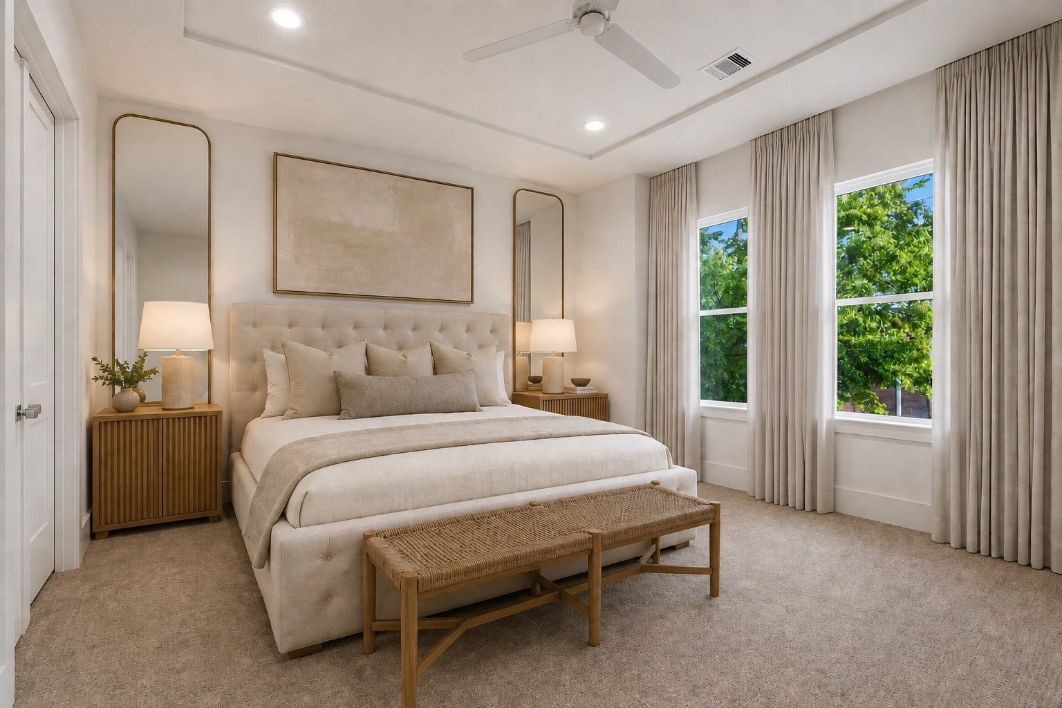 Tranquil Master Retreat  This owners is designed with a resort style suite in mind. The spaces
feature a bed wall anchored with wall scones, recessed ceiling, surround sound, designated
space for seating, dressers, and bedside tables.
