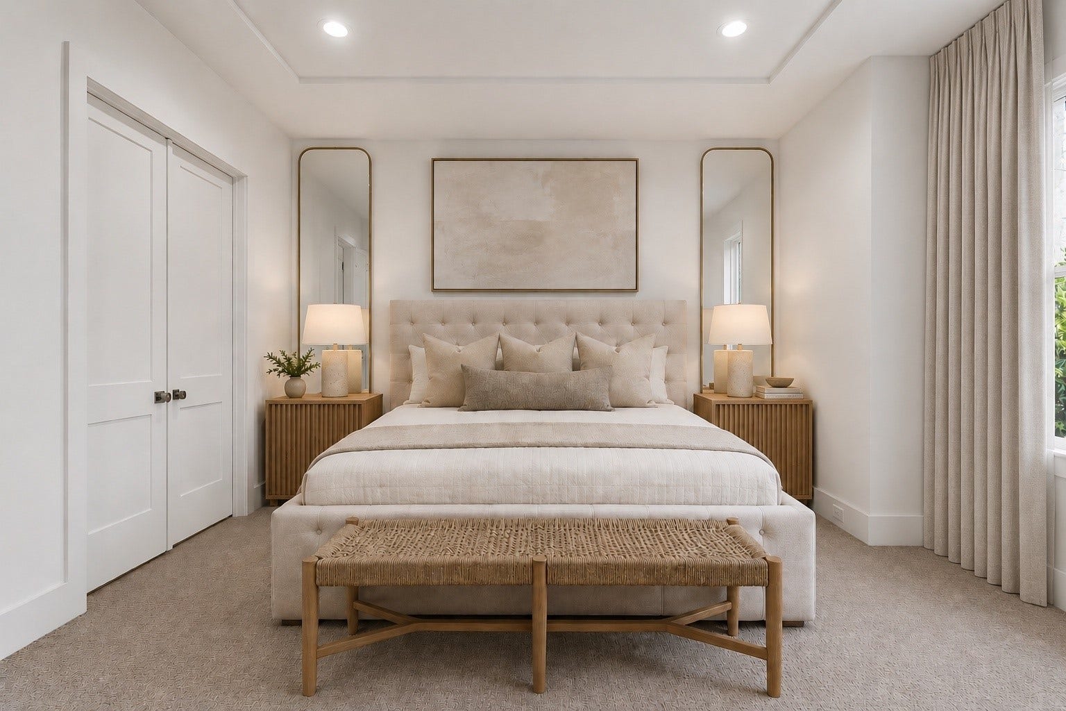 Serene Master Retreat  Crafted with a resort-style suite in mind, this owner's sanctuary boasts
a bed wall adorned with wall sconces, a recessed ceiling, surround sound, and designated areas
for seating, dressers, and bedside tables.