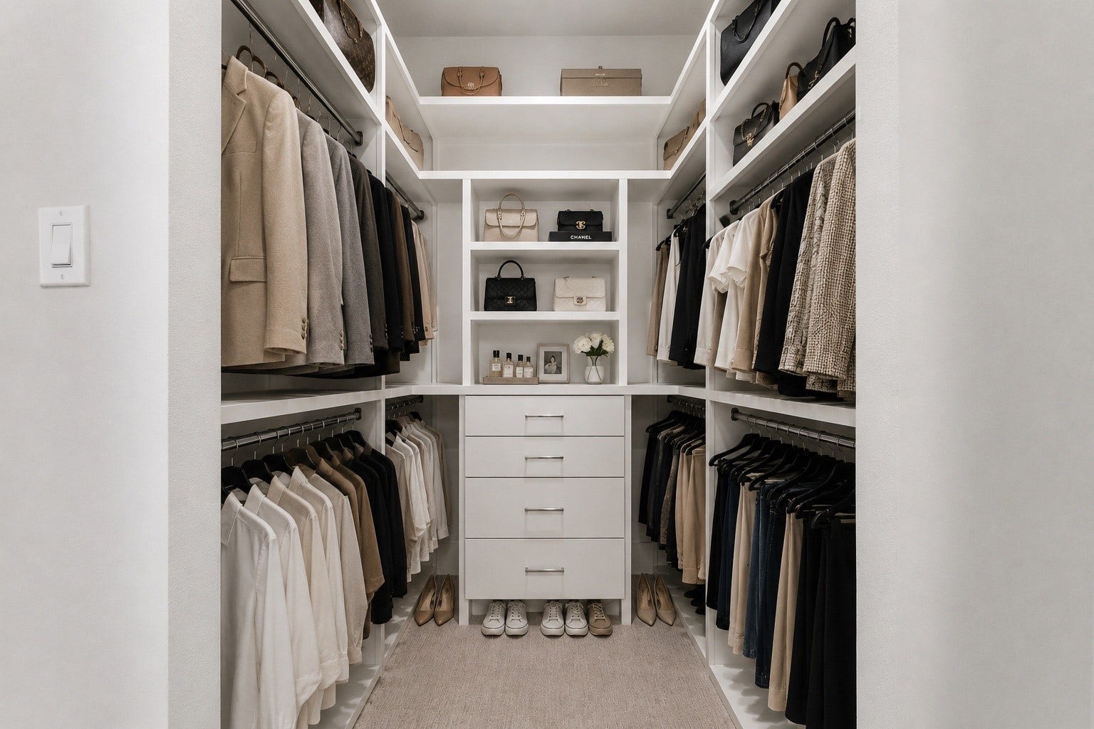 Purposefully Located - Between the primary bath, and laundry room, boutique style closet
His/Hers sides is both functional and stylish. Designed with organization in mind featuring
built-in shelving storages and drawers to hanging rods, custom shoe and handbag storage to
accommodate your needs. Endless organizational possibilities