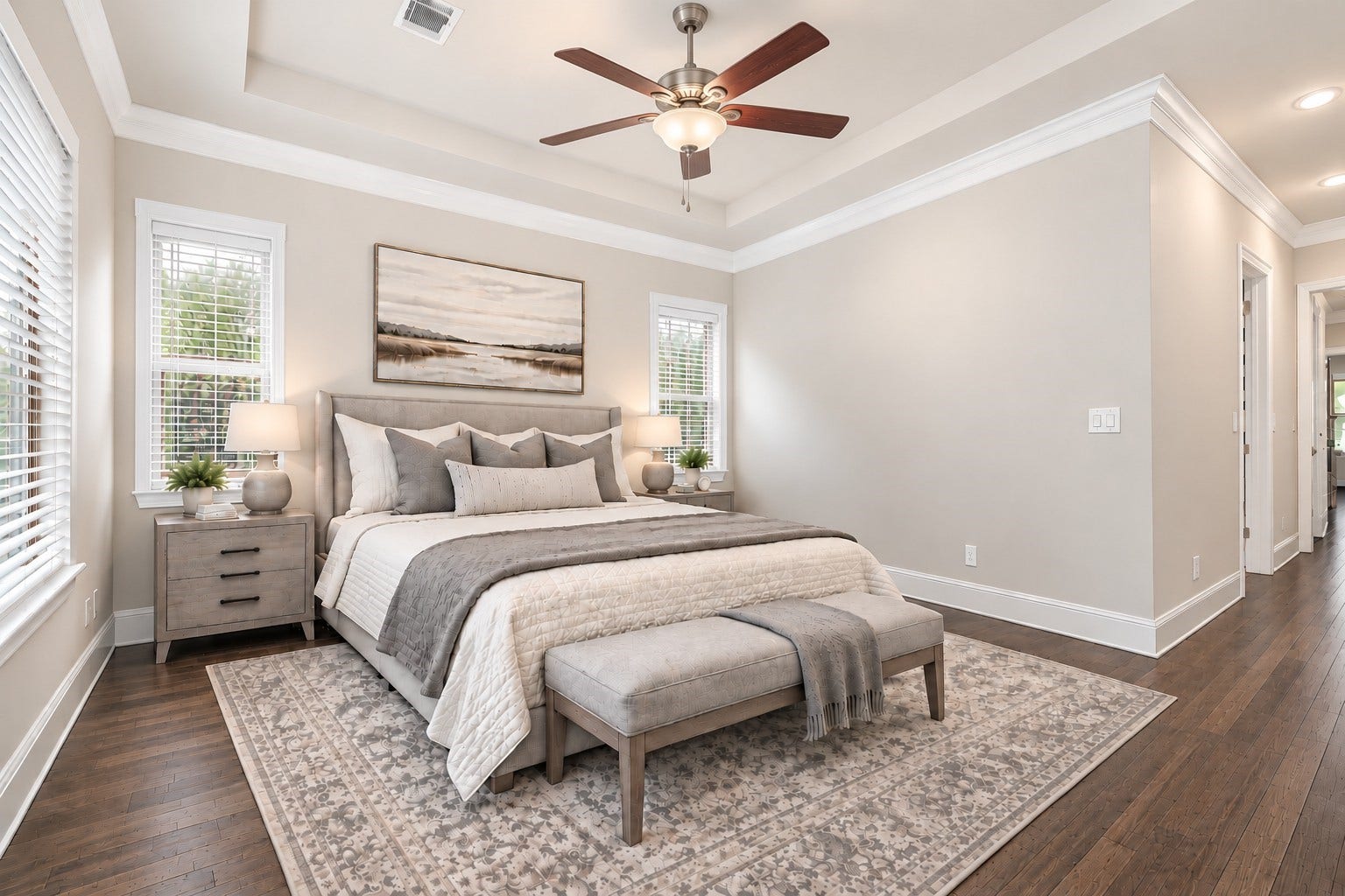35 Gracenote Pl, The Woodlands, TX 77375 Primary bedroom suite with tray ceiling and upgraded flooring. VIRTUALLY STAGED