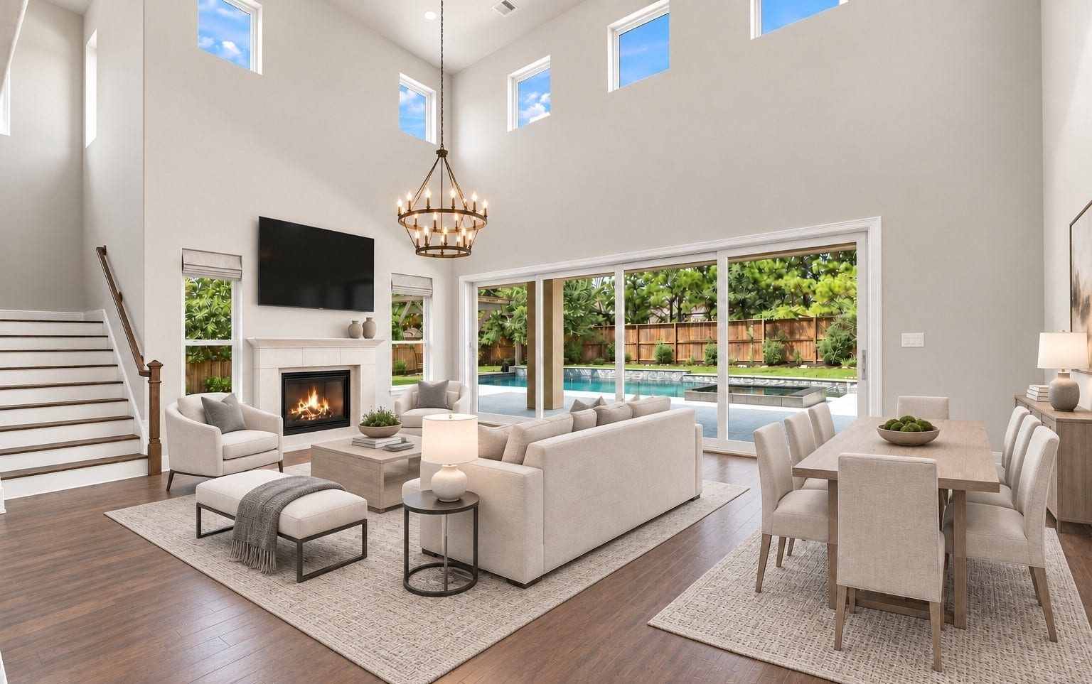 35 Gracenote Pl, The Woodlands, TX 77375 Stunning living and dining area featuring soaring ceilings, a cozy fireplace, and a 20-foot sliding glass door that opens to the backyard. VIRTUALLY STAGED