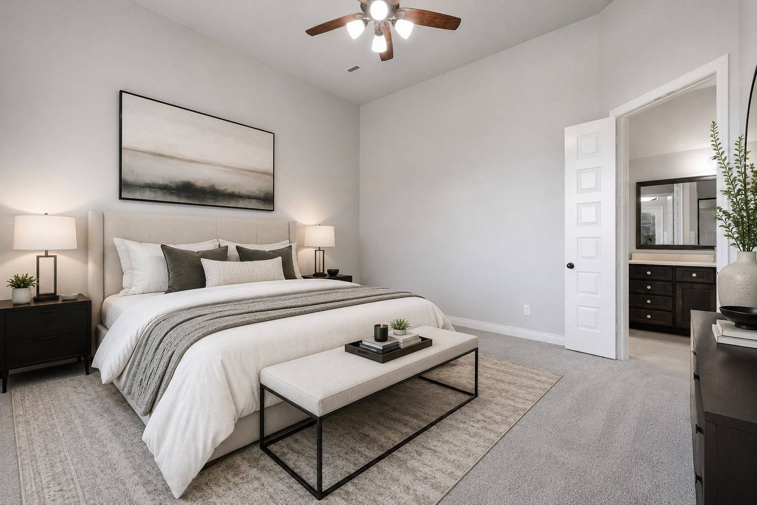15223 Prairie Dog Town Lane, Cypress, TX 77433 (Virtually staged) Primary suite with a statement ceiling fan, plush carpeting, and ample windows.