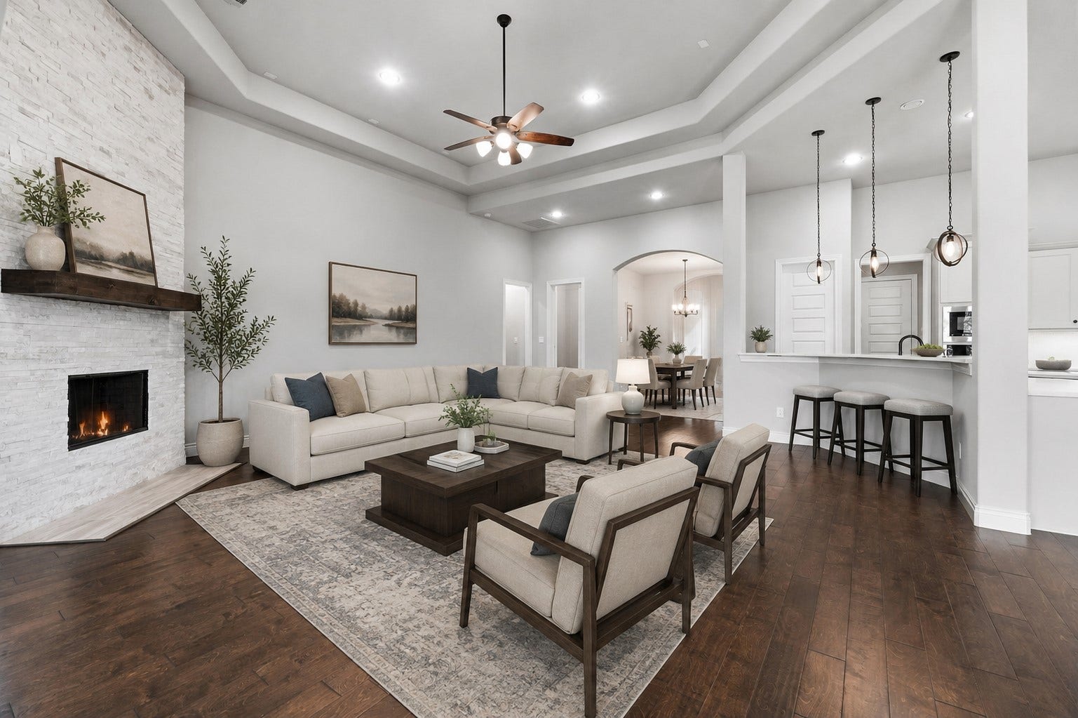 15223 Prairie Dog Town Lane, Cypress, TX 77433 (Virtually staged) Soaring coffered ceilings and expansive windows enhance this bright, open-concept living room.