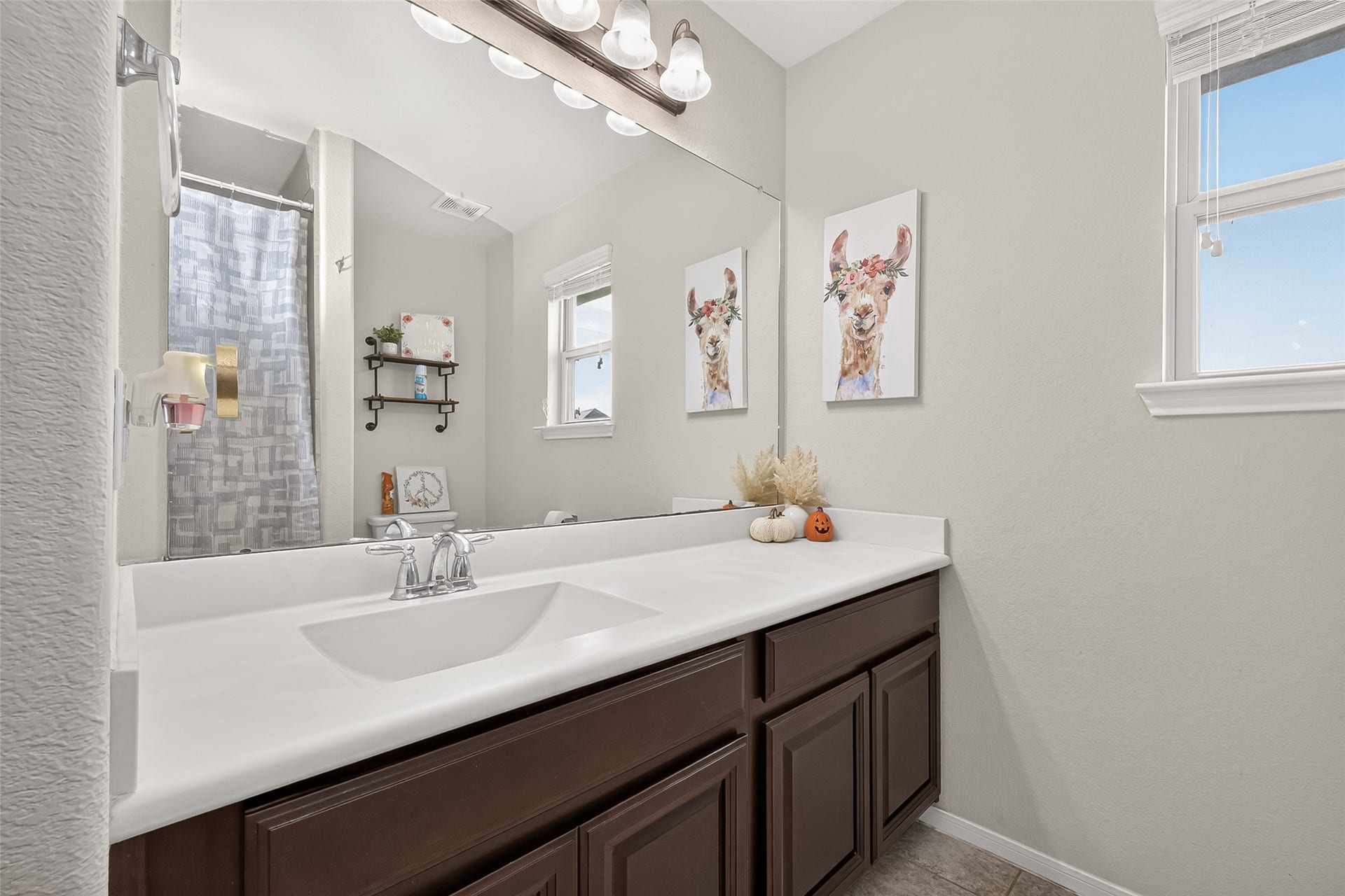 6111 Wayne Way, Rosenberg, TX 77471 An upstairs bathroom features a wide vanity, dark cabinetry, and a window.