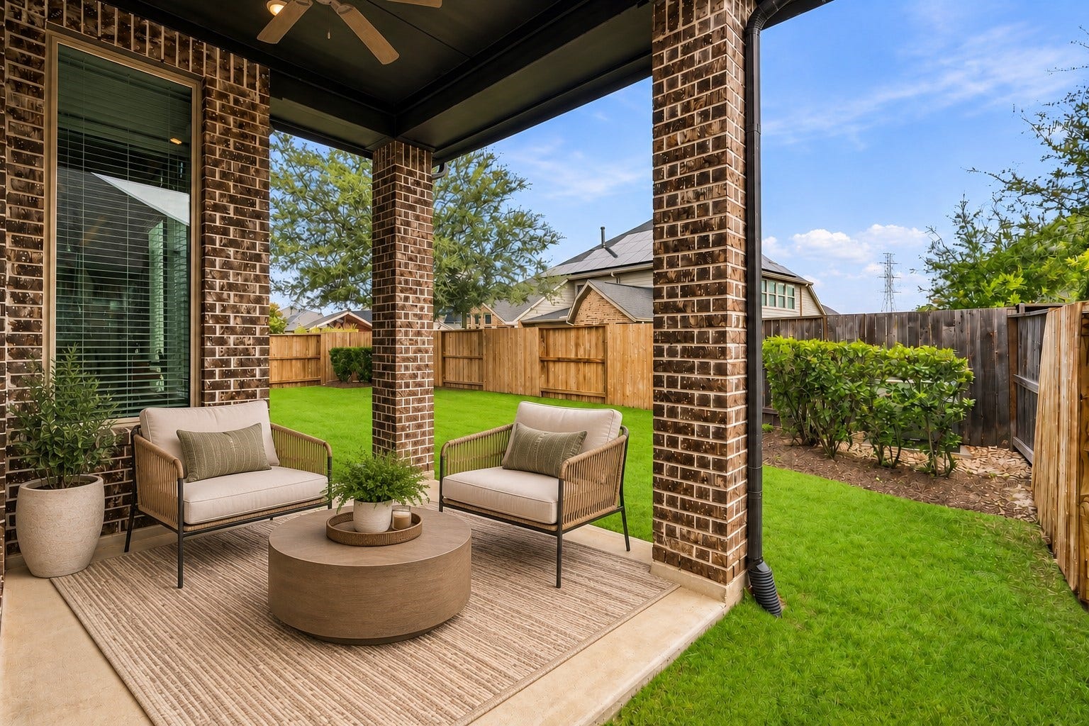 Your covered patio overlooks your huge backyard with plenty of green space to enjoy! *This photo has been virtually staged