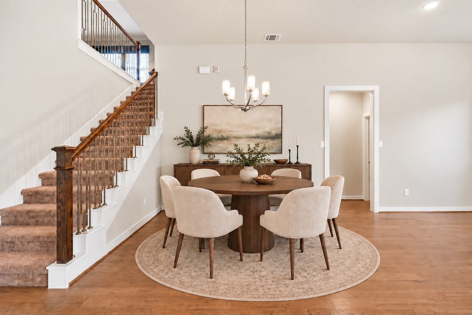 Make memories gathered around the table with your family and friends! This dining area features high ceilings  and a beautiful chandelier! It connects to the main living area and kitchen for easy entertaining!  *This room has been virtually staged