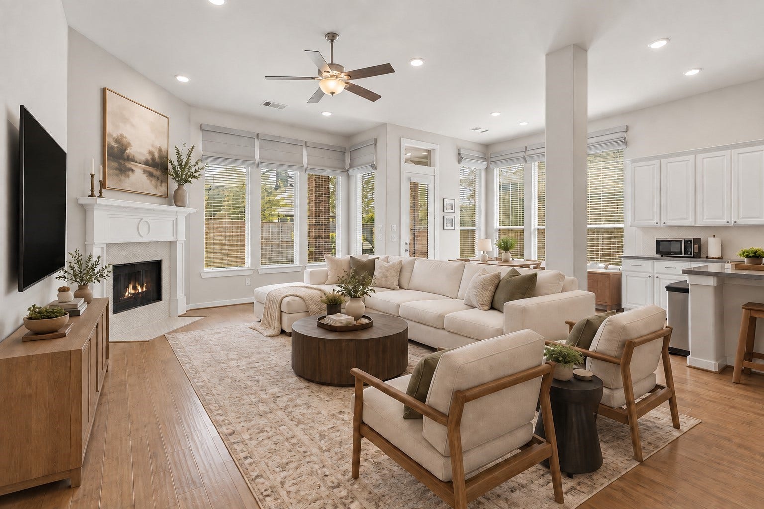 Step into elegance! This stunning living room boasts large windows, cozy fireplace, and rich wood floors, creating the perfect blend of warmth and sophistication. *This photo has been virtually staged.