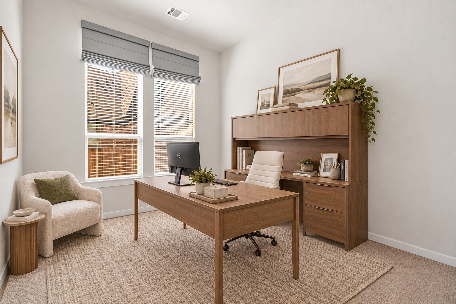 Just off the main living area is the home office! Featuring high ceilings, ceiling fan, bright natural light, plush carpe33t, and timeless glass French doors. *This photo has been virtually staged.