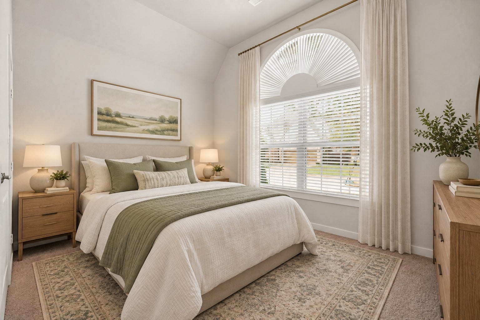 Nestled away quietly at the front of the home is the first of the secondary bedrooms. This room features high ceilings, bright natural light, and plush carpet. *This photo is virtually staged