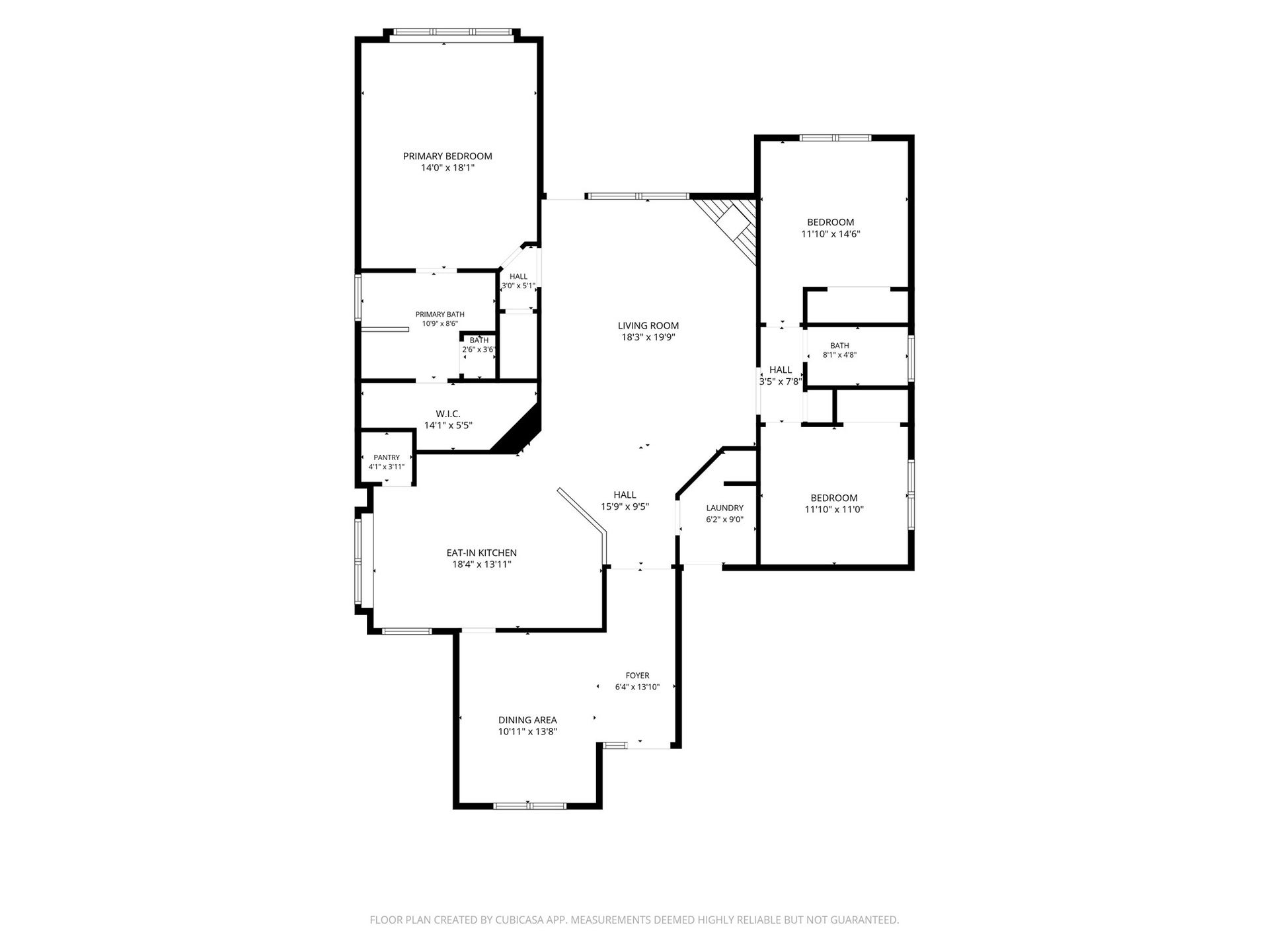 Spacious single-level layout featuring a large primary bedroom with en-suite bathroom and walk-in closet, two additional bedrooms, a generous living room, and an eat-in kitchen. The dining area and laundry room add convenience, while the open design enhances flow.