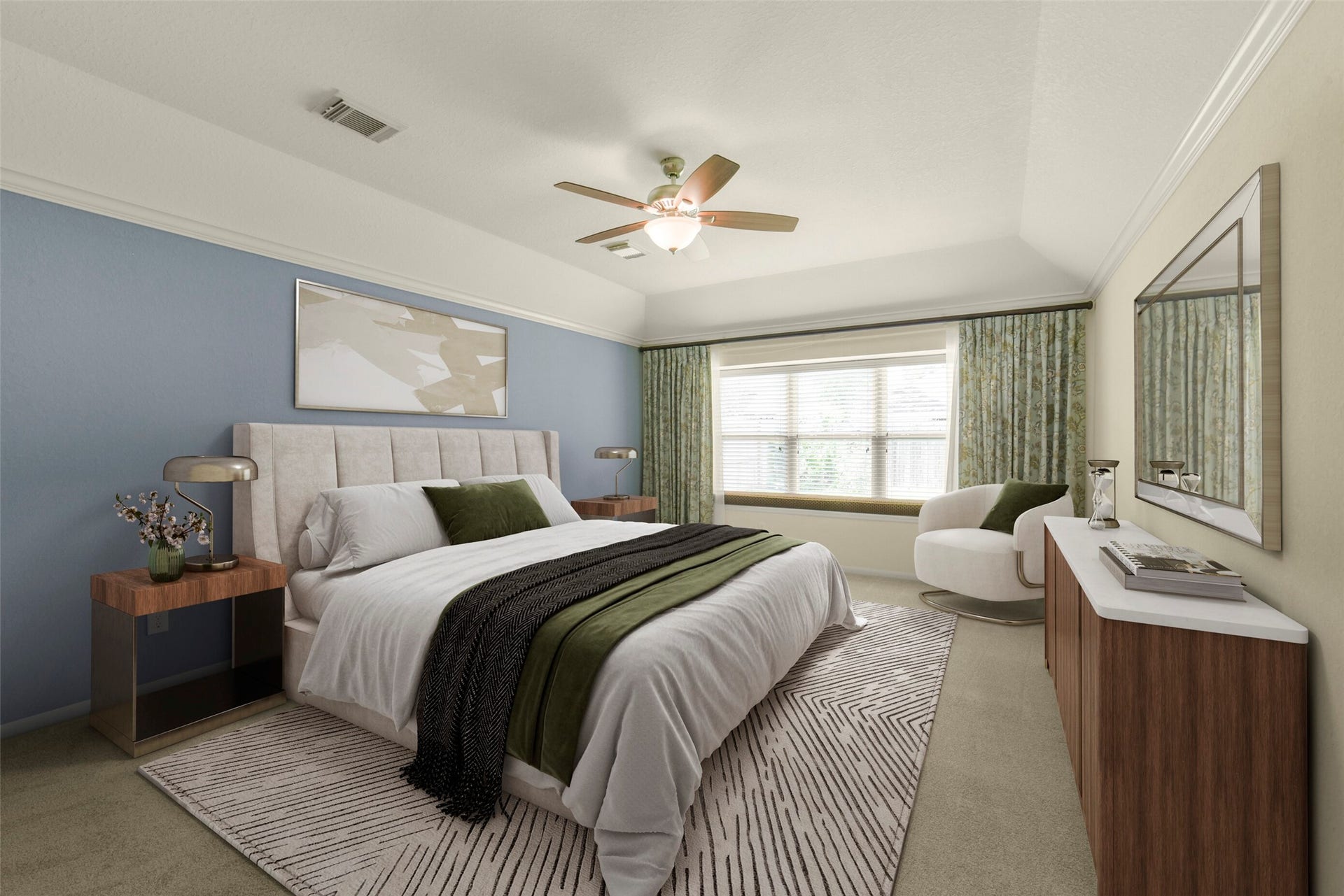 Spacious primary bedroom with soft carpet, a soothing blue accent wall, and a large window offering plenty of natural light.  Virtual Staging.