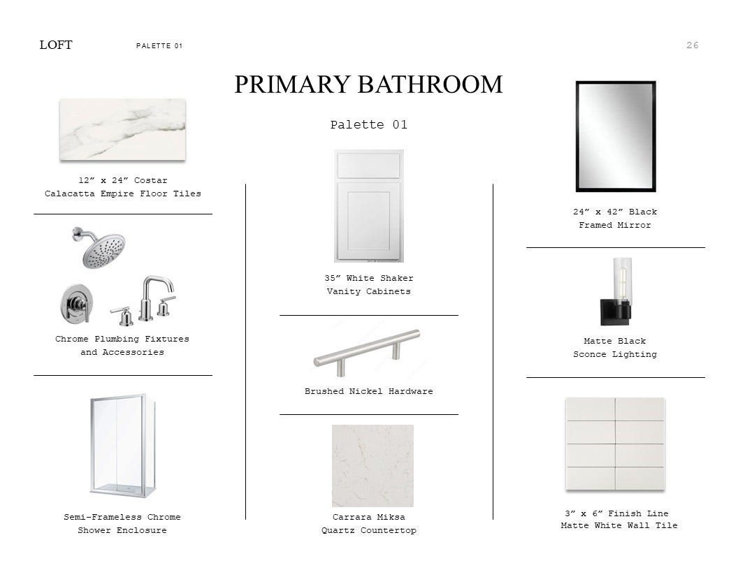 564 Day Station Drive, Dayton, TX 77535 Loft Look Palette 1: Primary Bathroom Selection Sheet (*Artist rendering used for illustration purposes only.)