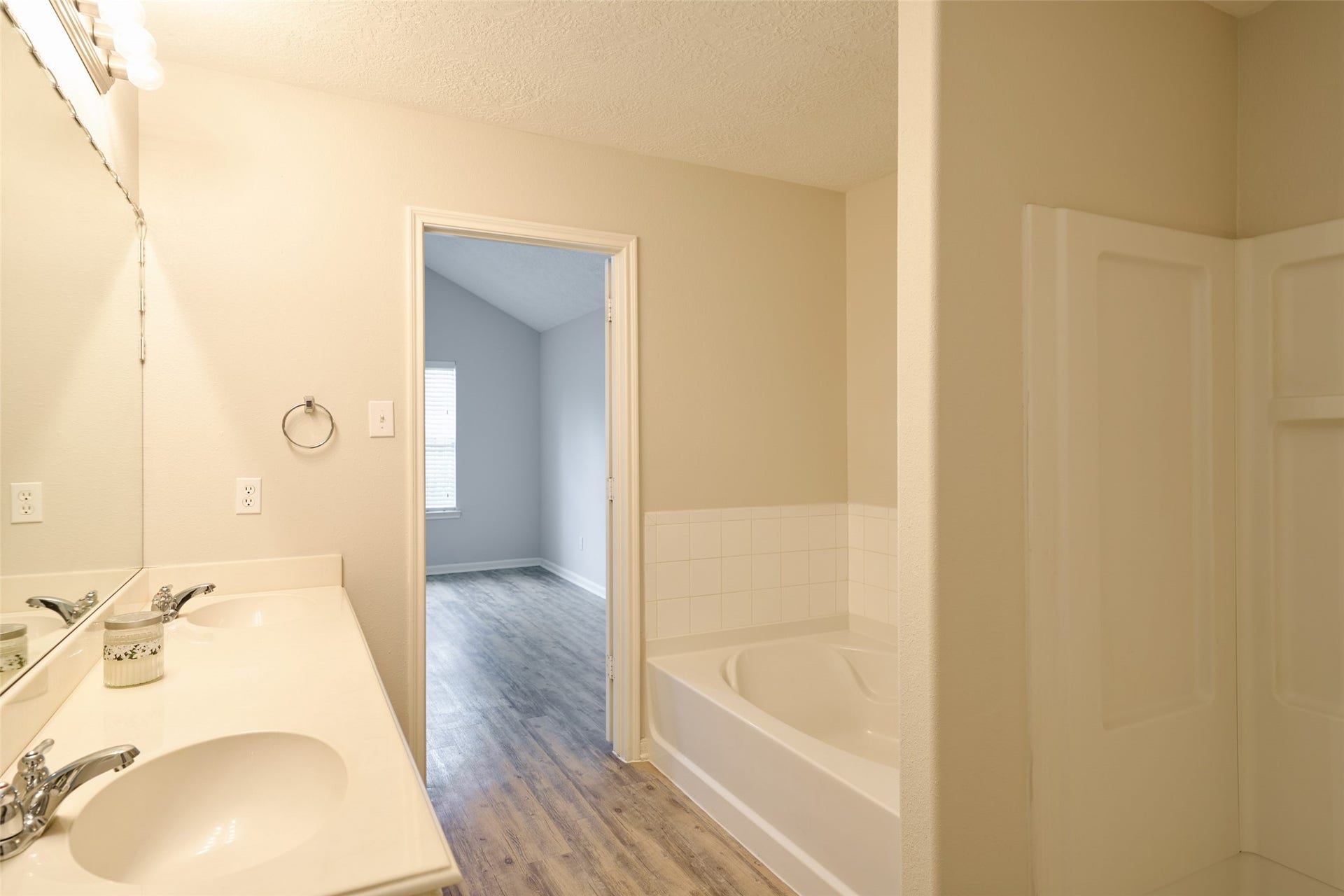 Primary bathroom has double sink vanity with plenty of counter space too!