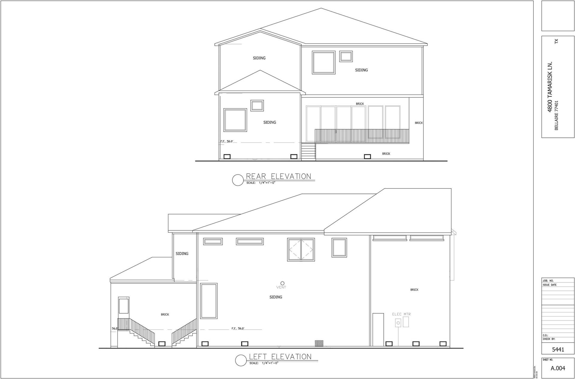 4800 Tamarisk Street, Bellaire, TX 77401 Modern two-story home design with a combination of siding and brick exterior, featuring a spacious rear elevation with large windows and a deck, along with a side entrance and staircase.