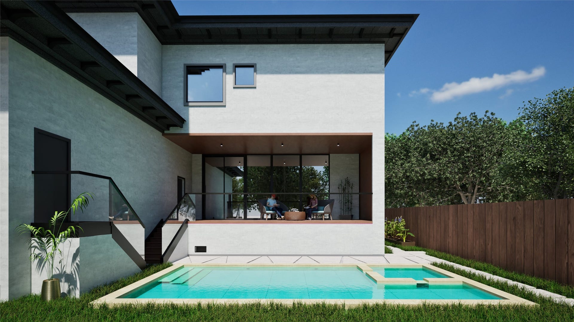 4800 Tamarisk Street, Bellaire, TX 77401 Modern two-story home with a sleek backyard featuring a pool and spa, complemented by a spacious patio for outdoor relaxation.