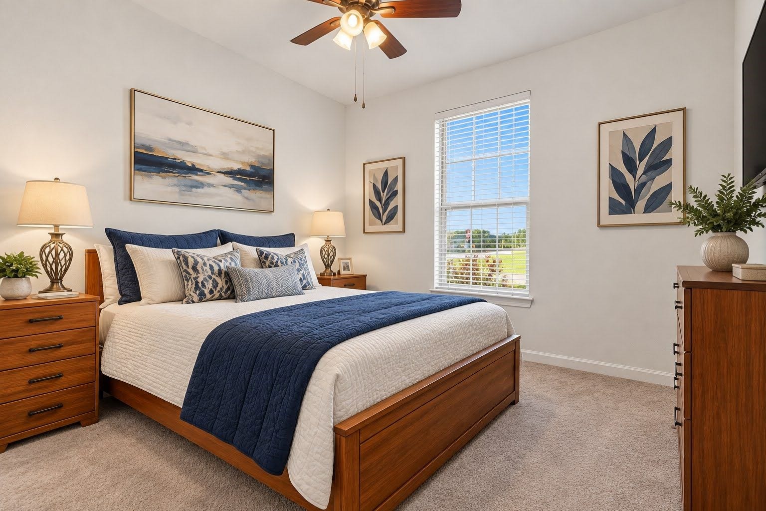 Secondary bedroom with ceiling fan looking out toward front of the house.