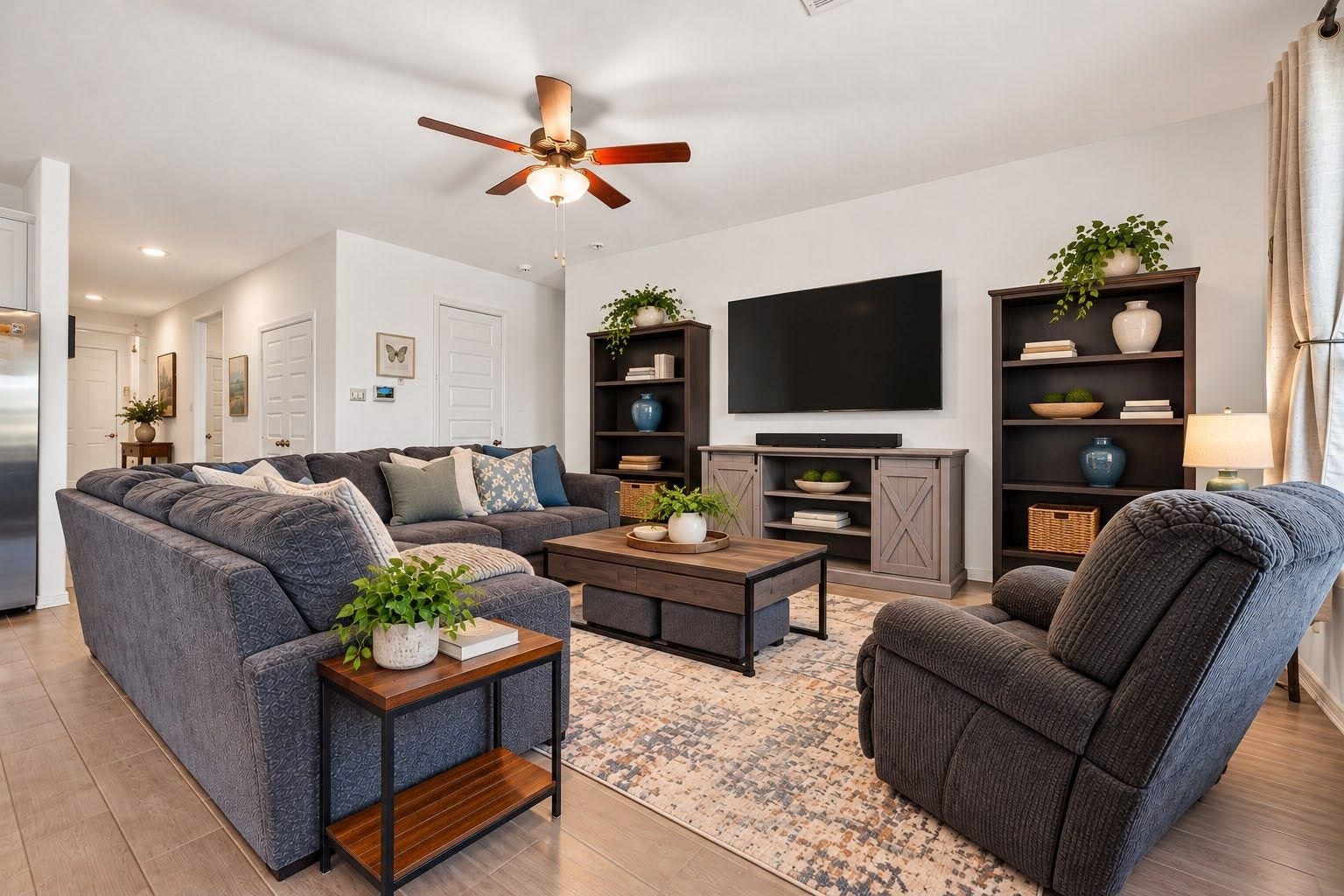 Family room is large to accommodate most furniture.