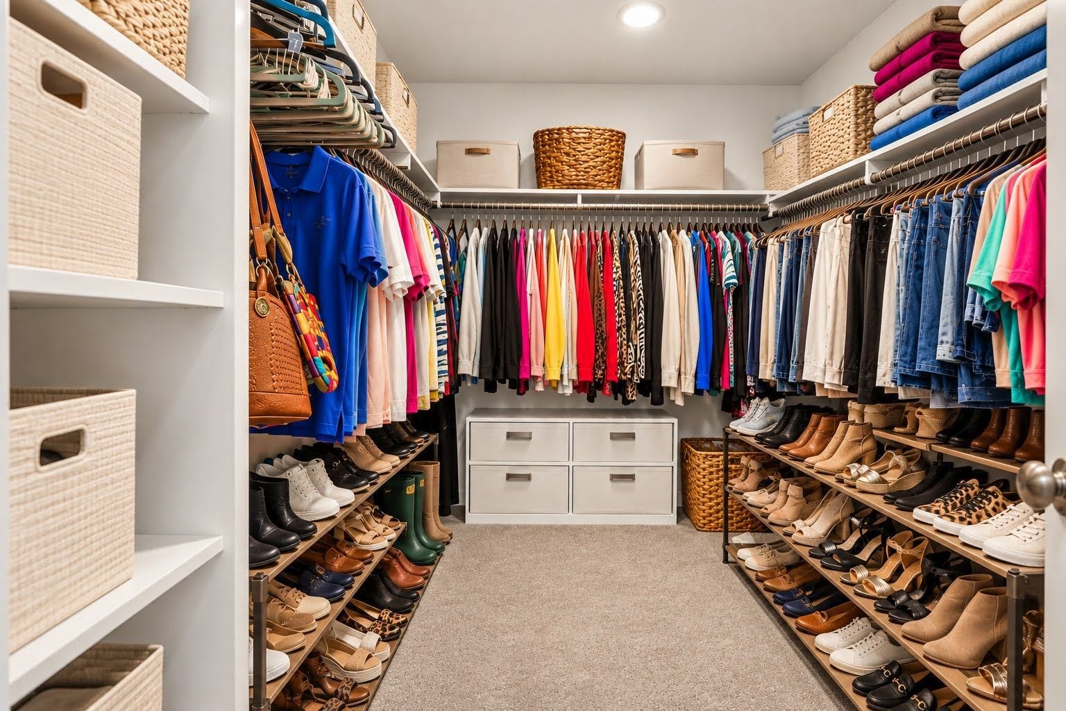 Large primary closet with built in shelving.