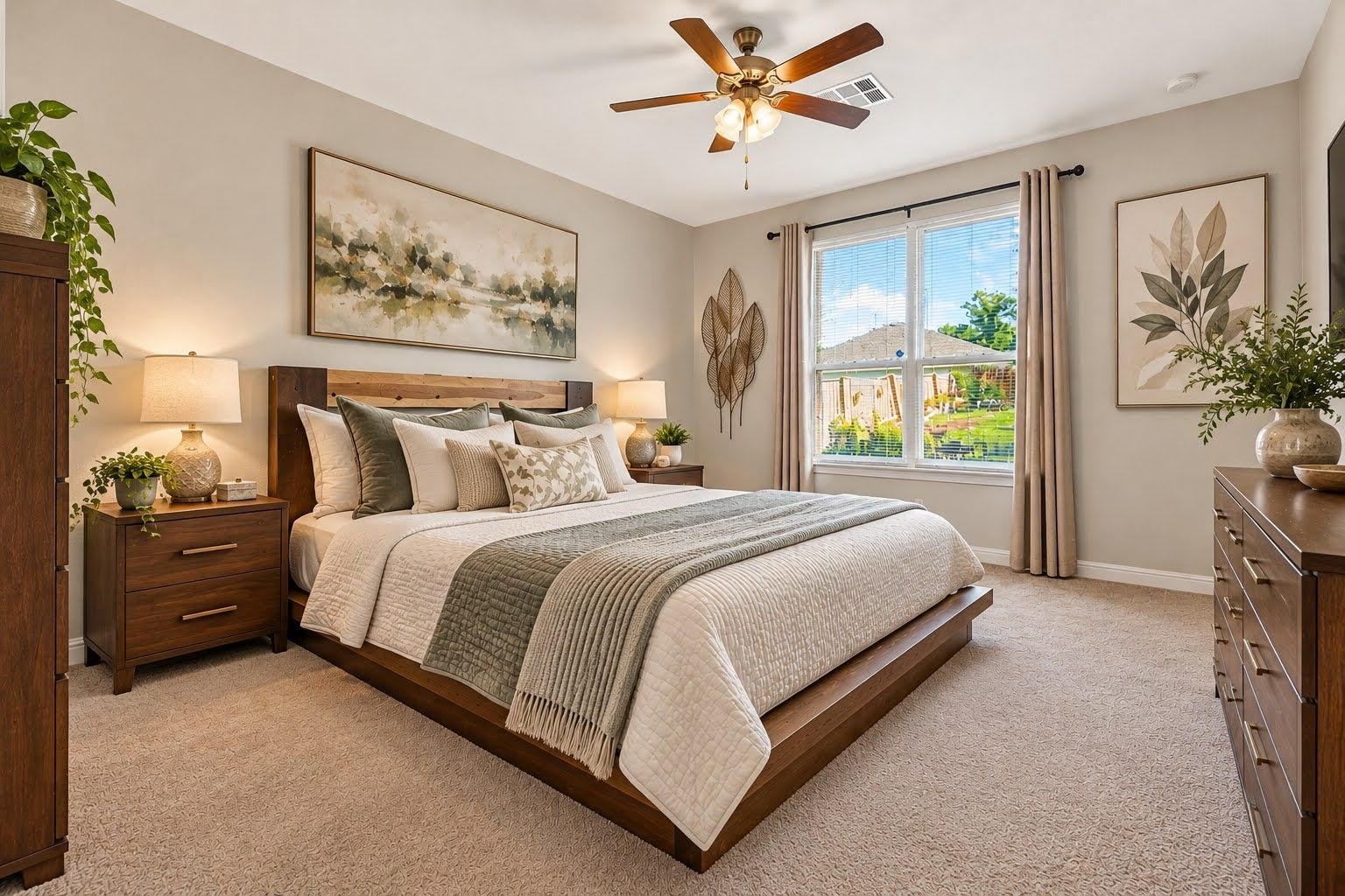 Primary bedroom with ample space and ceiling fan, which has a view of the large backyard.