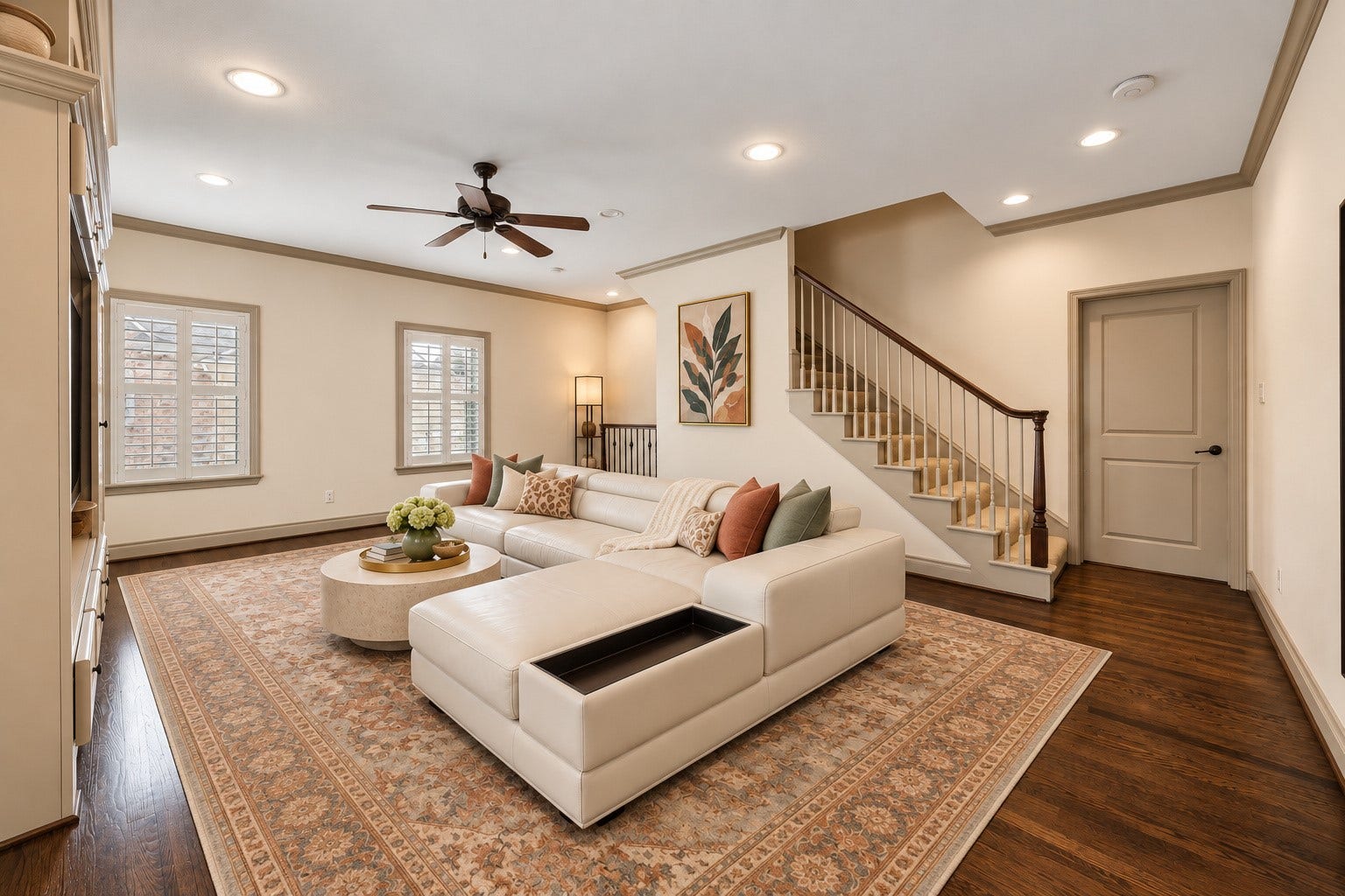 1311 N Jordan Cove, Houston, TX 77055 Beautiful view showcasing thoughtful layout of 2nd floor game room, conveniently positioned near primary suite & two secondary bedrooms. Spacious utility room is located just off game room, along with the primary & 2 guest beds. Wonderful additional living space offering both comfort & functionality! Virtually staged.
