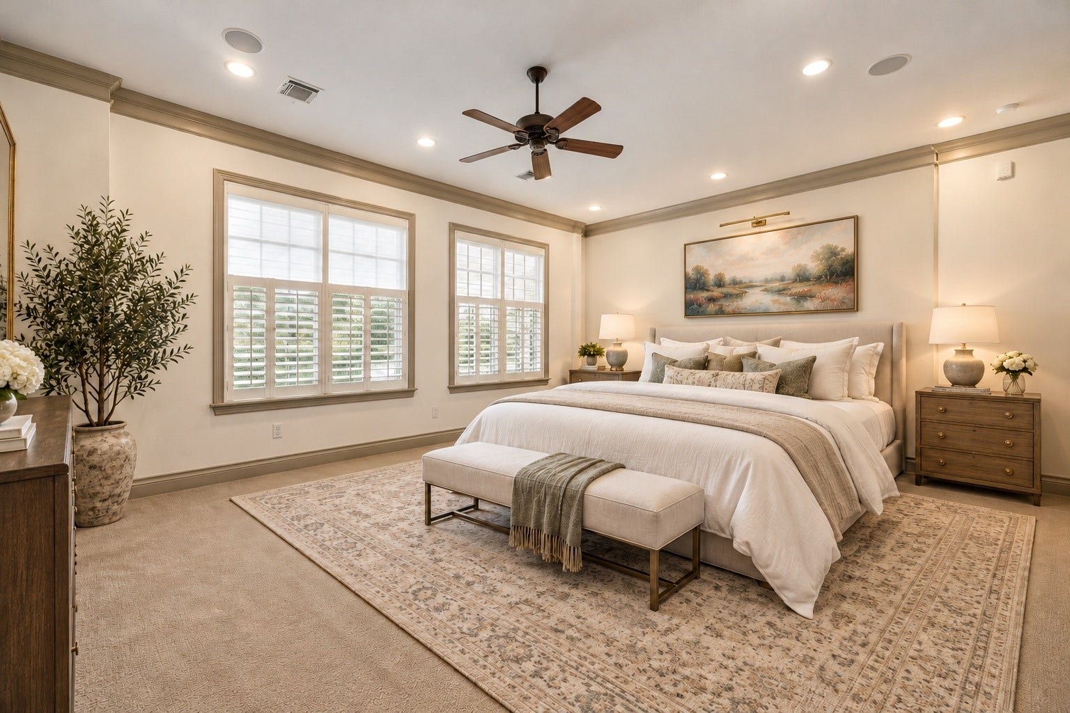 1311 N Jordan Cove, Houston, TX 77055 Spacious 2nd floor primary suite offers a peaceful retreat featuring crown molding, recessed lighting, ceiling fan, ceiling speakers & carpet. Windows w/ plantation shutters fill the room w/ natural light while generous proportions provide ample space for large furnishings. Convenient access to en-suite bath w/ dual sinks, separate tub & shower, and large walk-in closet. Virtually staged.