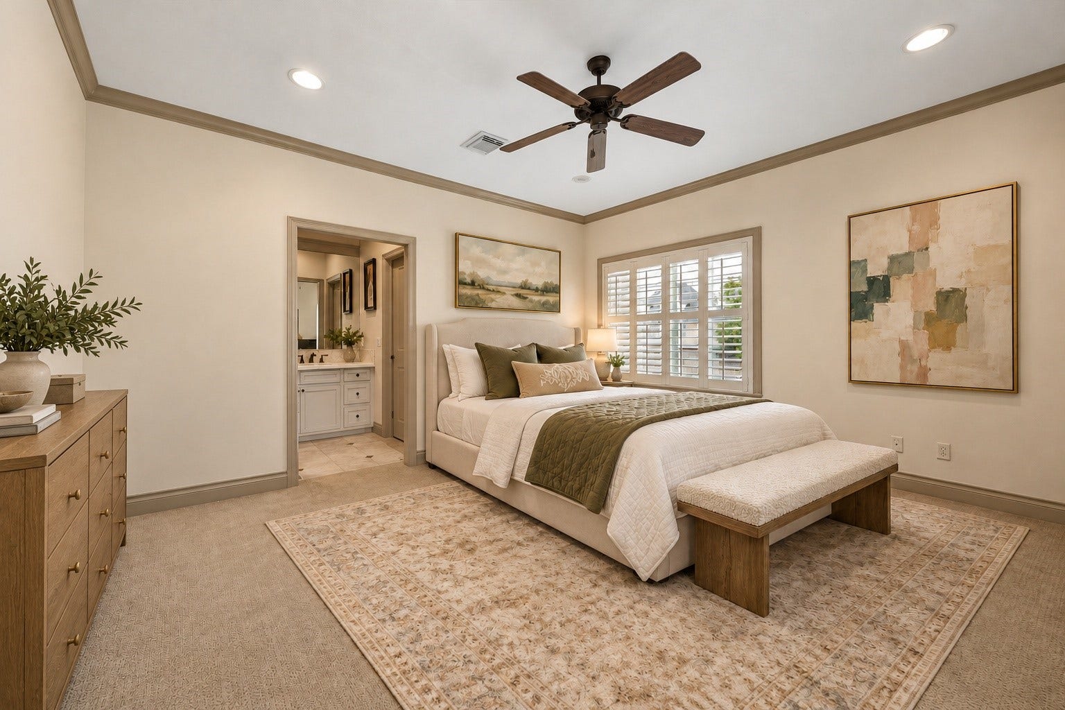 1311 N Jordan Cove, Houston, TX 77055 Spacious 2nd floor secondary bedroom #1 featuring windows w/ plantation shutters, crown molding, recessed lighting, ceiling fan & carpet. Enjoys access to Jack & Jill bath w/ its own private vanity area & walk-in closet w/ built-in hanging & shelving, providing wonderful storage & functionality. Virtually staged.