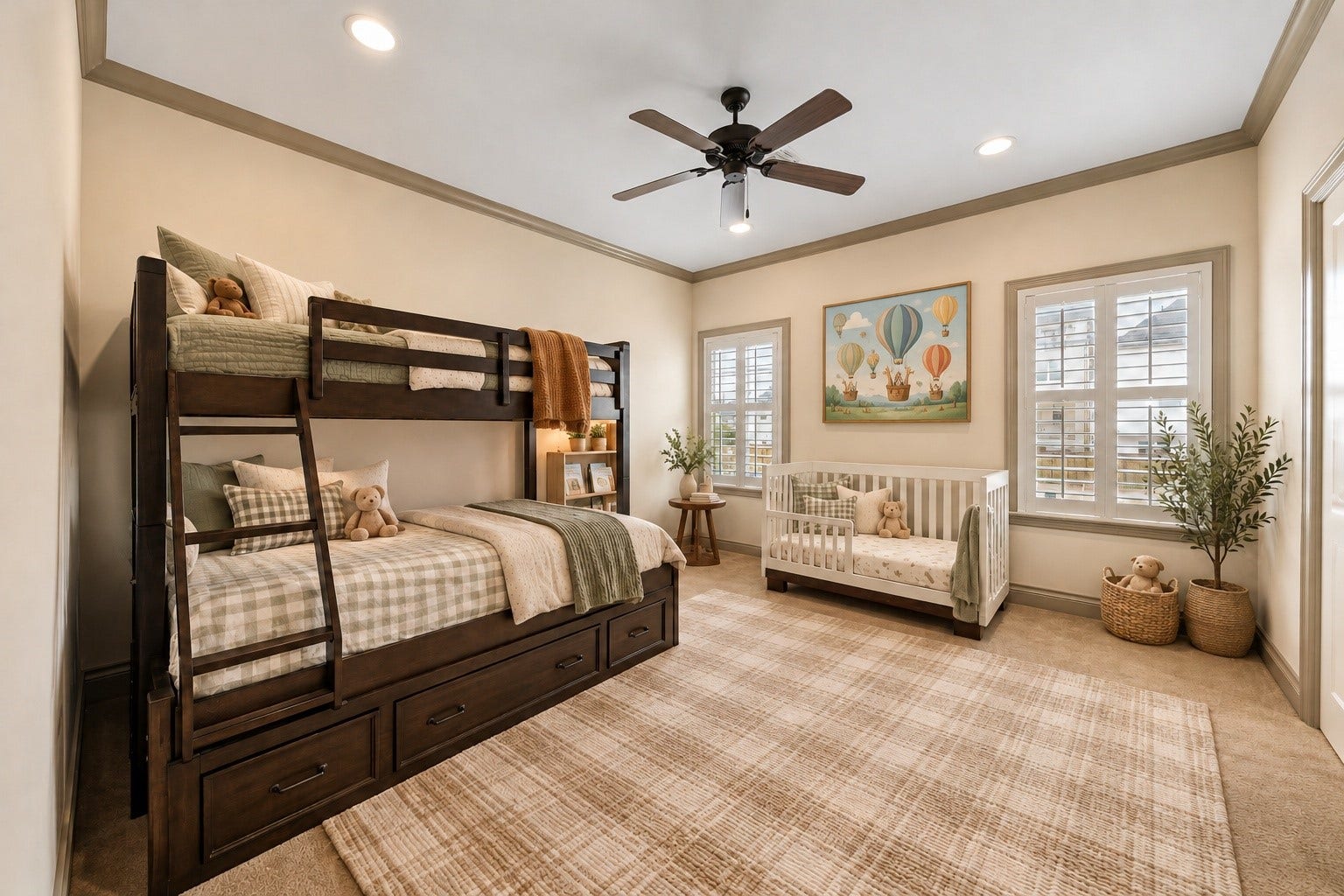 1311 N Jordan Cove, Houston, TX 77055 Generously sized 2nd floor secondary bedroom #2 featuring plantation shutters, crown molding, recessed lighting, ceiling fan & carpet. Conveniently connected to adjoining bedroom through Jack & Jill bath, this room also features its own private vanity area & walk-in closet w/ built-ins. Virtually staged.