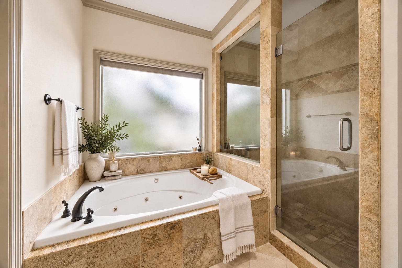 1311 N Jordan Cove, Houston, TX 77055 Another perspective of the spacious primary bath showcasing separate jetted soaking tub & walk-in shower w/ bench. The bath also features a private water closet & large walk-in closet w/ built-in hanging & shelving, creating a wonderful combination of comfort, functionality & storage. Virtually staged.
