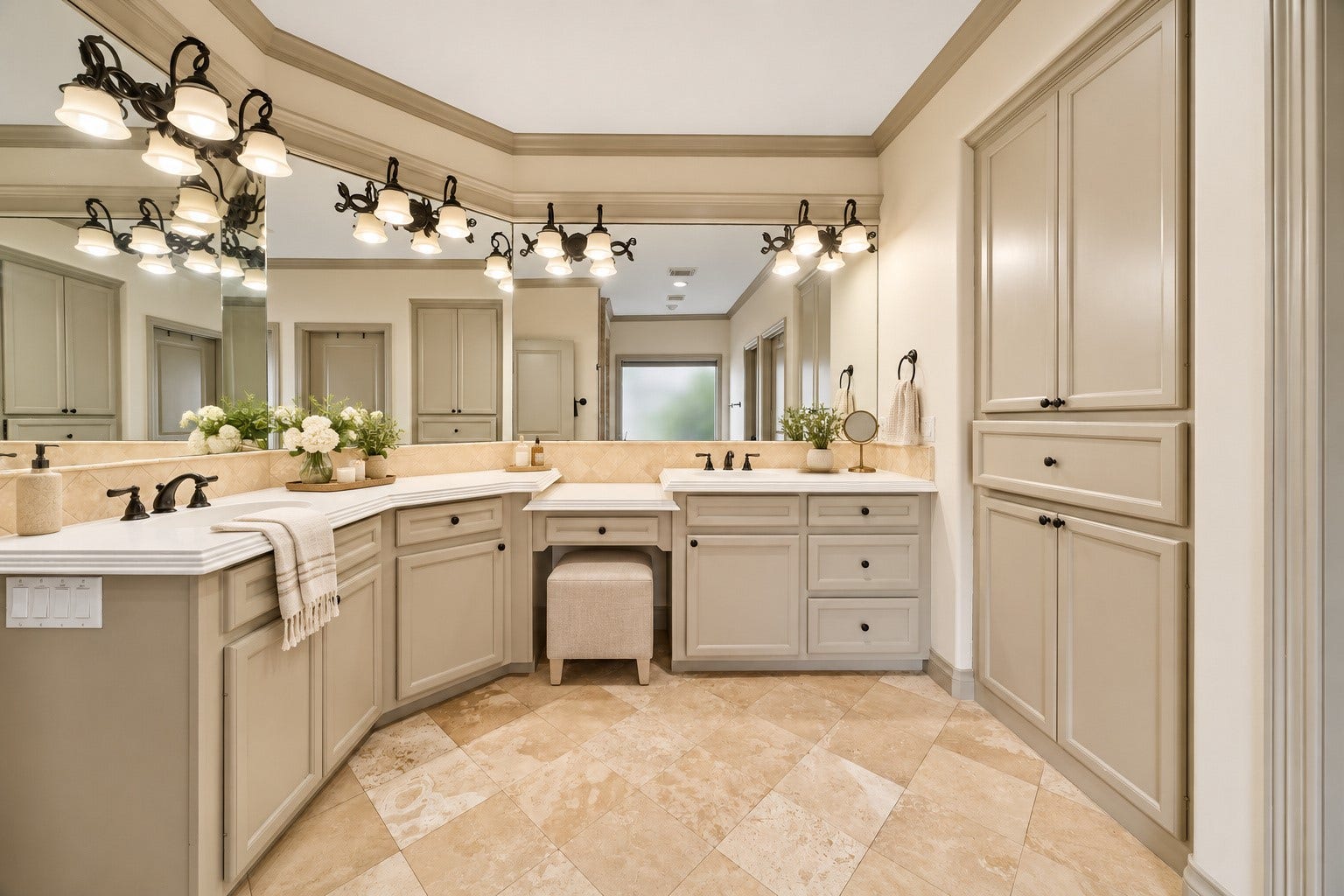 1311 N Jordan Cove, Houston, TX 77055 Generously sized primary bath features dual sinks w/ ample counterspace, abundant built-in cabinetry & drawers for storage, and dedicated vanity knee space. Decorative vanity lighting & mirrors complete this thoughtfully designed space. Large walk-in closet w/ built-ins offers excellent hanging & shelving storage. Virtually staged.