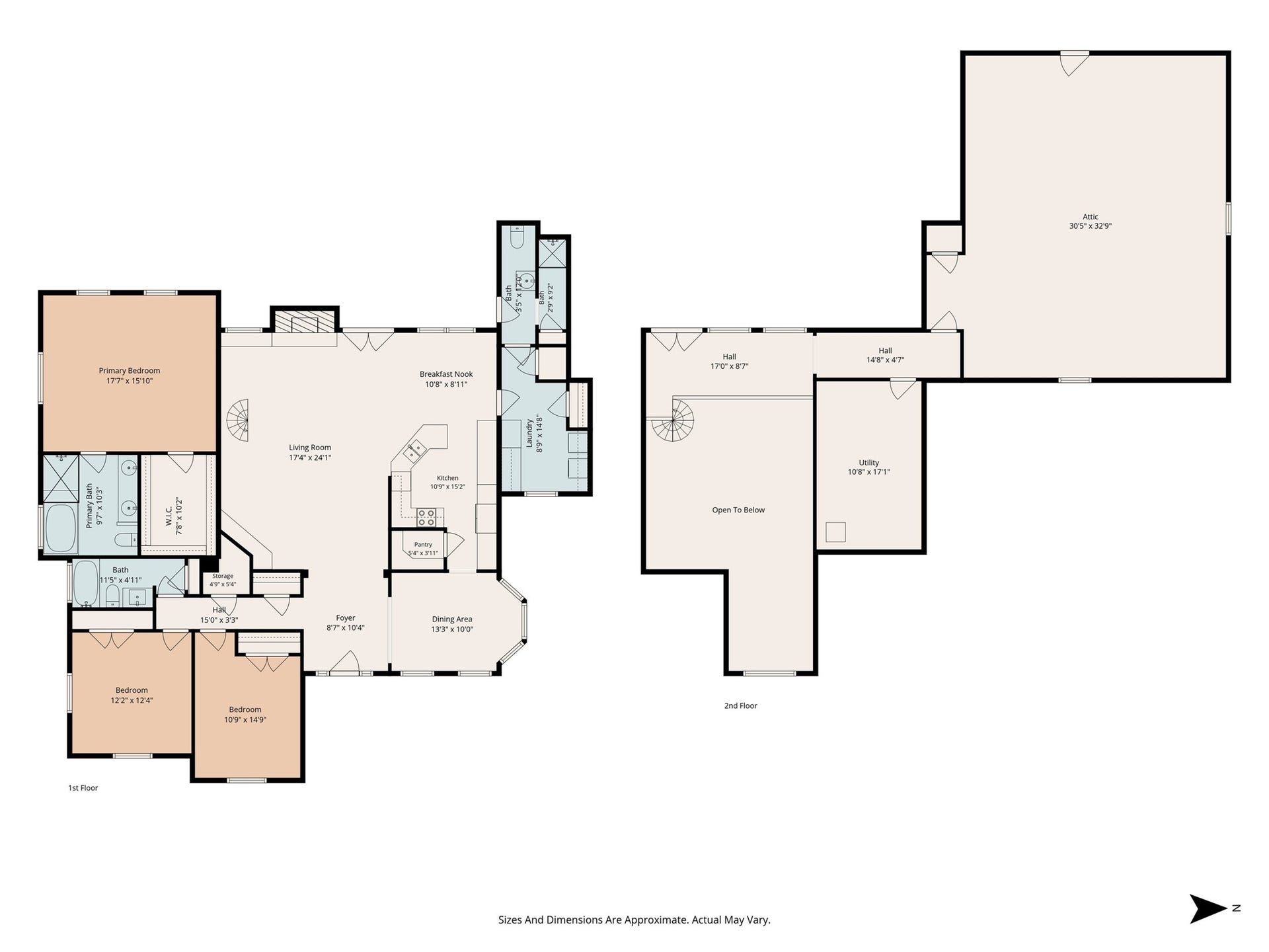 28911 Sapphire Circle, Magnolia, TX 77355 Floorplans showing both first and second floors. Additional attic space above owner's suite is not shown but also accessible.