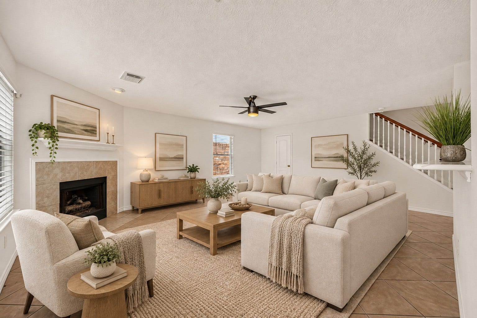 3111 Lantern Bay Lane, Katy, TX 77449 Spacious family room featuring a fireplace and open views of the staircase.
Virtually staged.