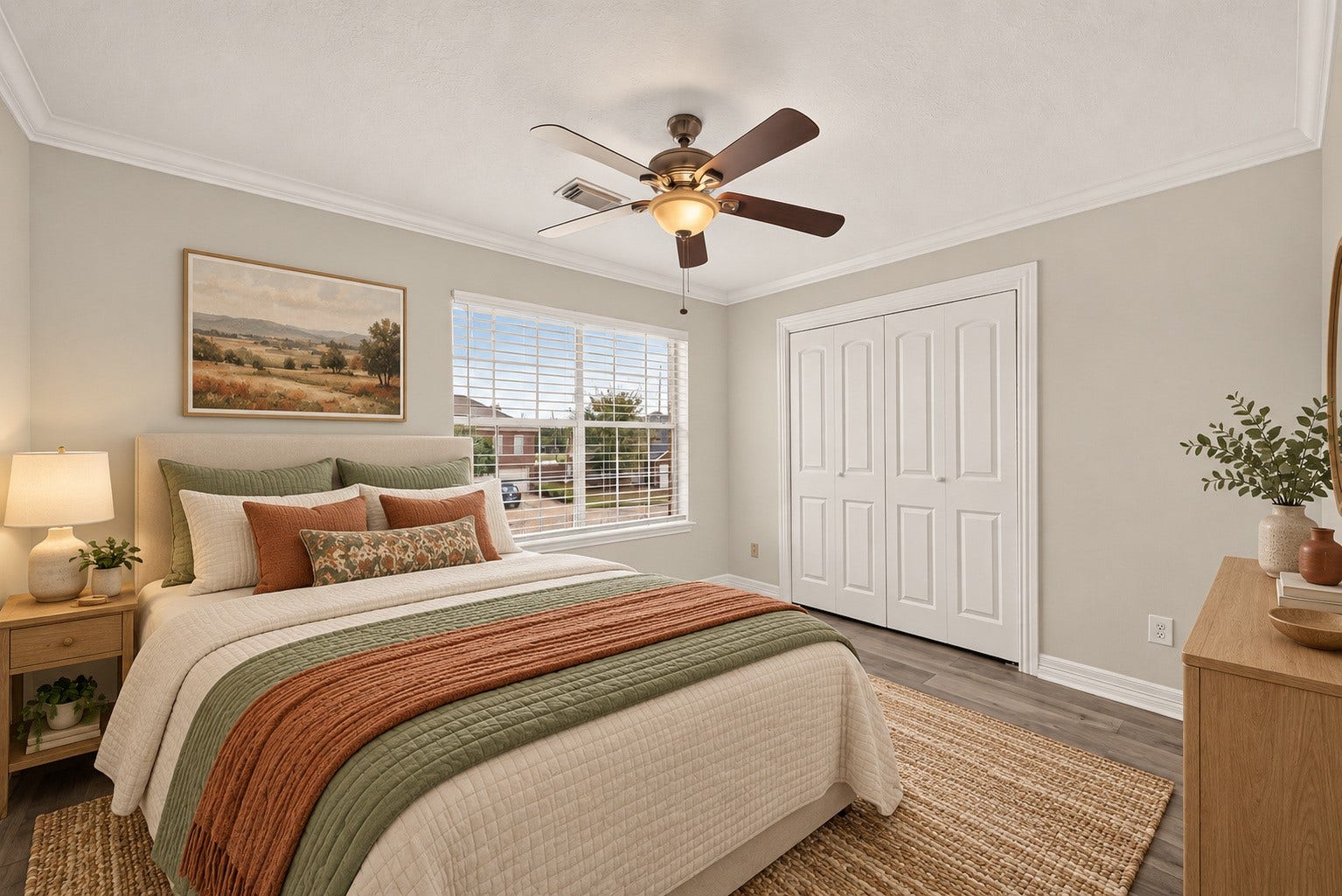 3111 Lantern Bay Lane, Katy, TX 77449 The second guest bedroom with vinyl flooring, a ceiling fan, and double closet doors. Virtually staged.