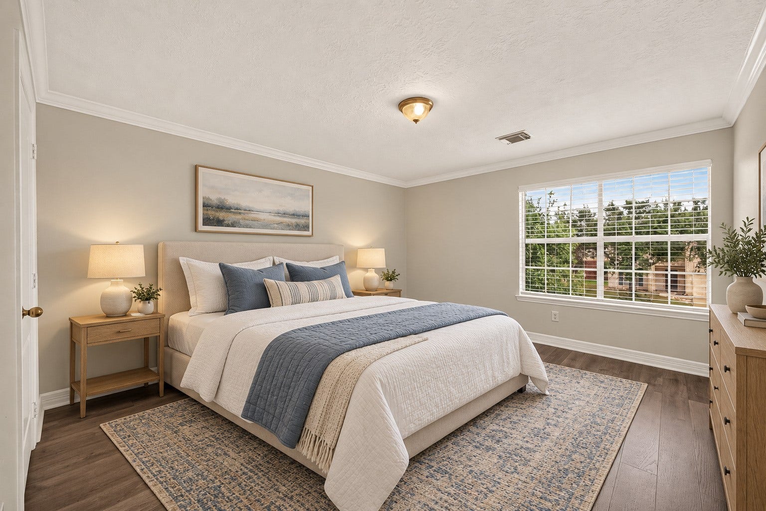 3111 Lantern Bay Lane, Katy, TX 77449 The third guest bedroom with a large window, crown molding, and vinyl flooring. Virtually staged.
