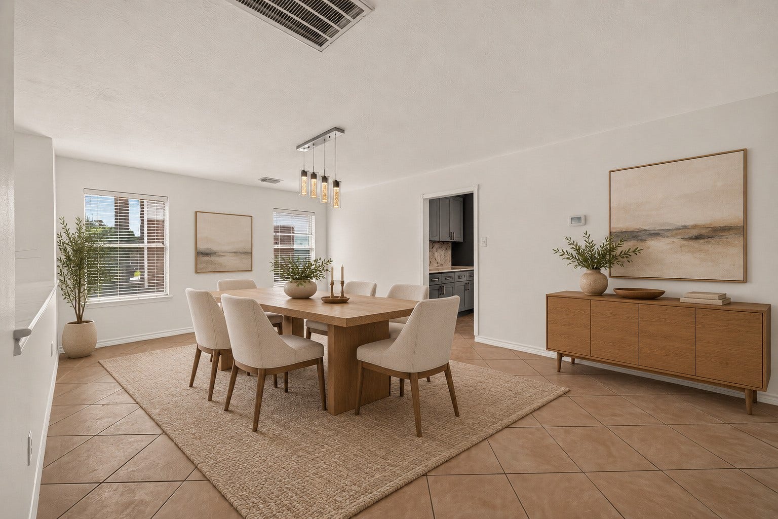3111 Lantern Bay Lane, Katy, TX 77449 The formal dining room features a contemporary light fixture and a welcoming setting for meals and gatherings. Open to the living room and kitchen, the layout makes entertaining and everyday dining easy. **Virtually Staged.**