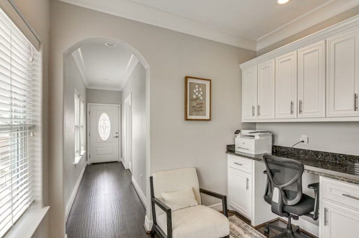 1013 10th Street, Galveston, TX 77550 Stylish and functional furnished work station with elegant cabinetry and a sleek workspace, perfect for productivity.