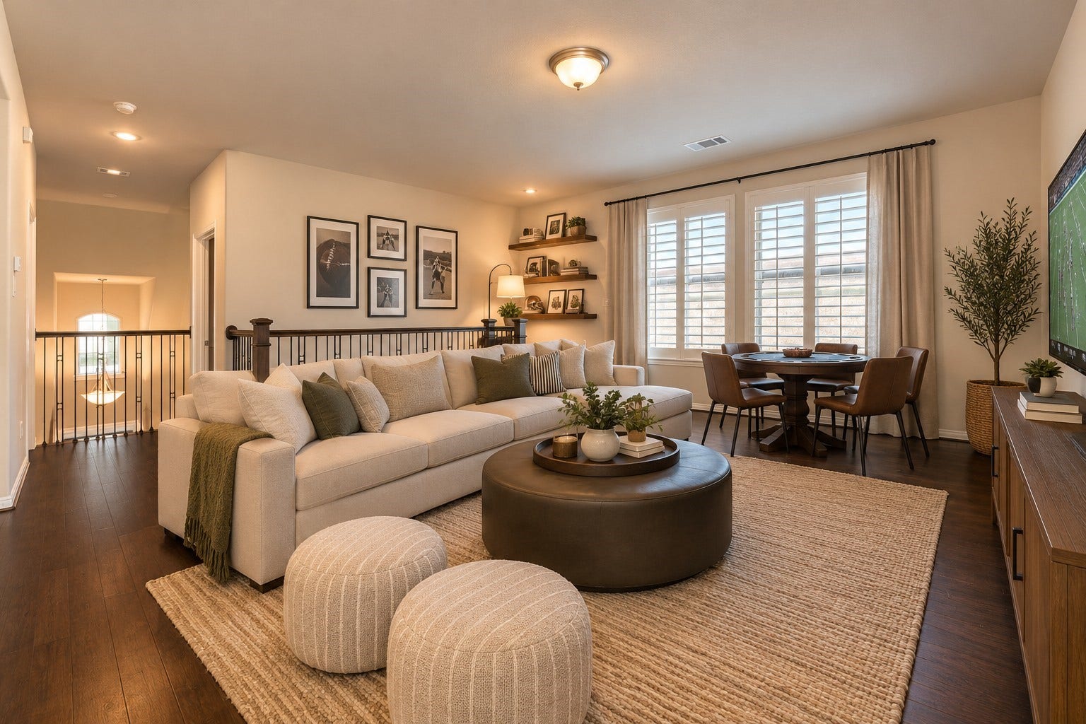 27411 Grayson Gap Ct, Fulshear, TX 77441 The upstairs game room overlooks the homes dramatic two-story living areas, creating an open, airy feel while allowing abundant natural light to flow throughout the space.