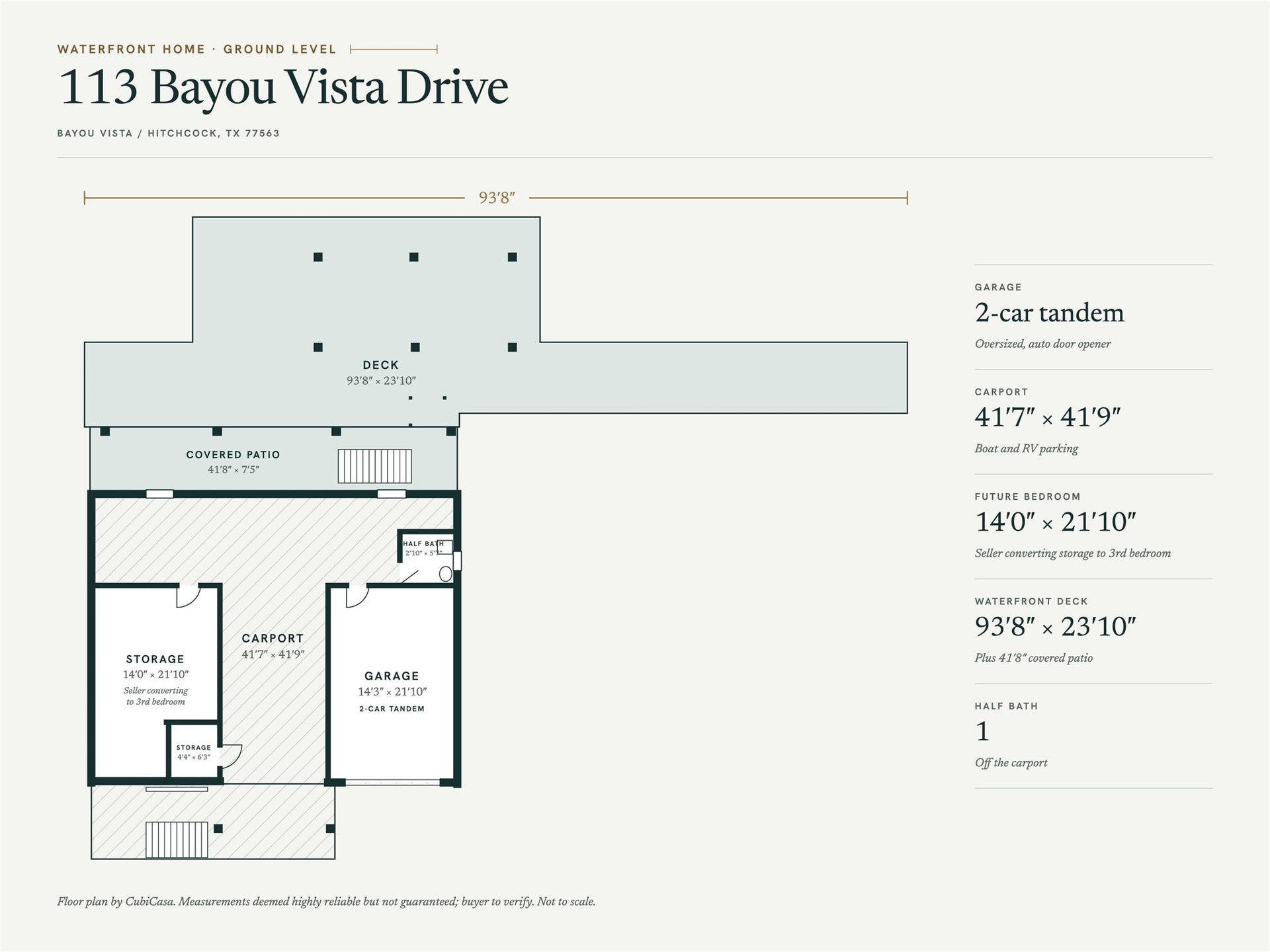 Ground Floor - The ground-level plan demonstrates just how much additional functional space exists beneath the home, including the oversized tandem garage, storage areas, half bath and large covered areas that can accommodate vehicles, boats or outdoor entertaining.
