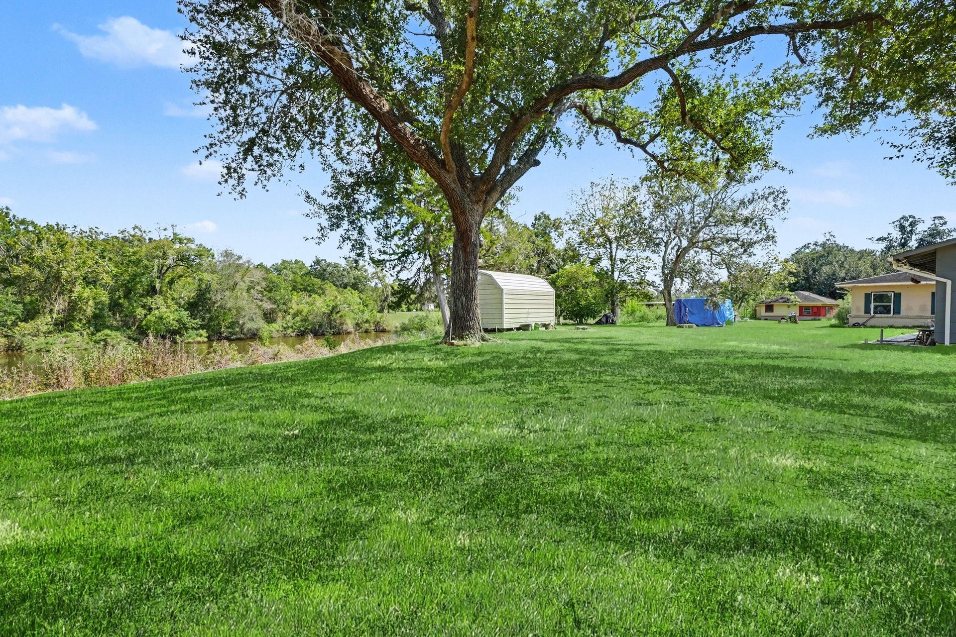 3315 Saint Anne Street, Liverpool, TX 77577 Expansive green lawn with mature trees offers a serene setting, complemented by a charming pond and a spacious shed.