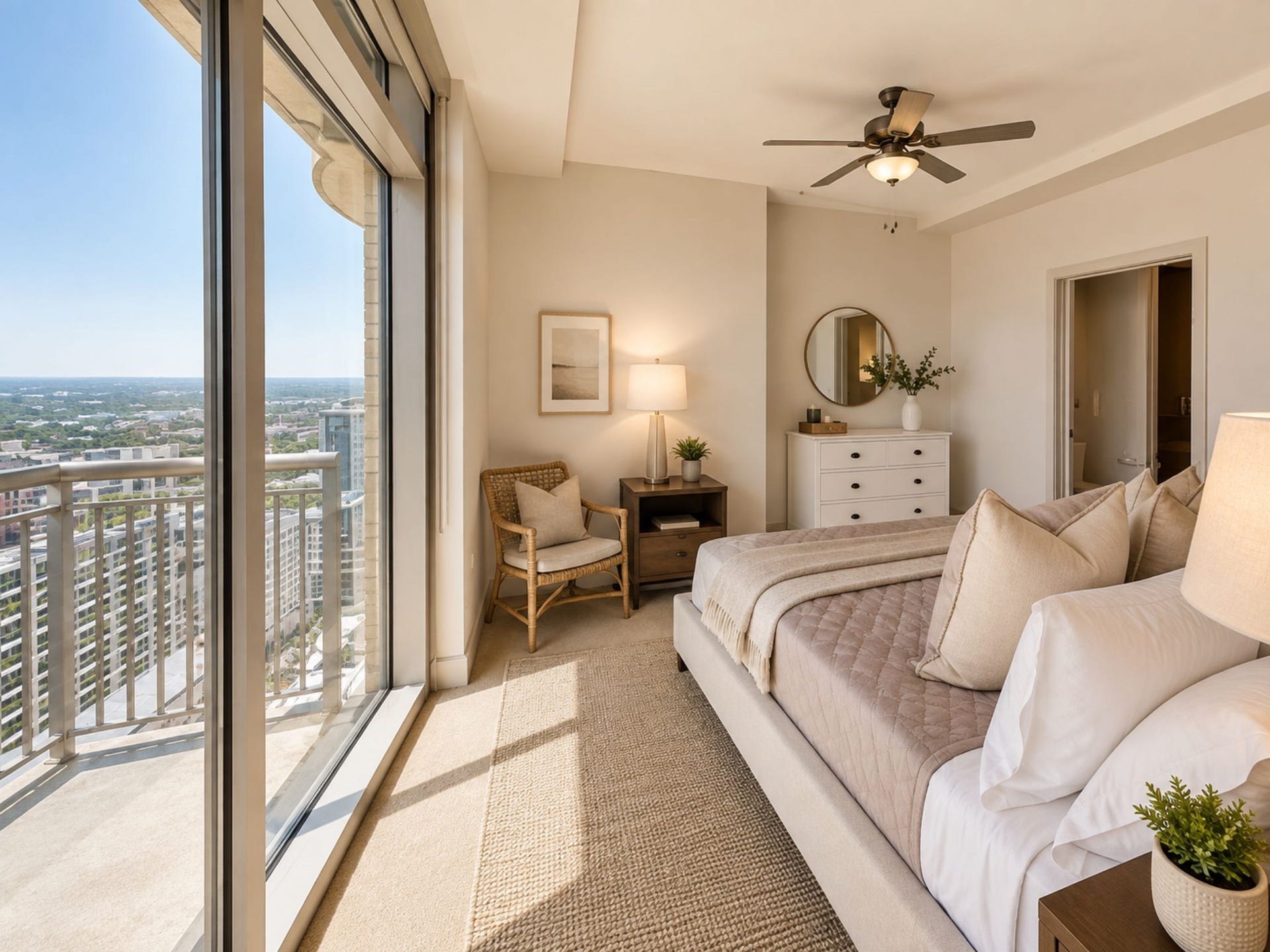 1400 McKinney Street, #2312, Houston, TX 77002 Serene primary bedroom features floor-to-ceiling windows, balcony access and sweeping views from this exceptional high-rise setting.