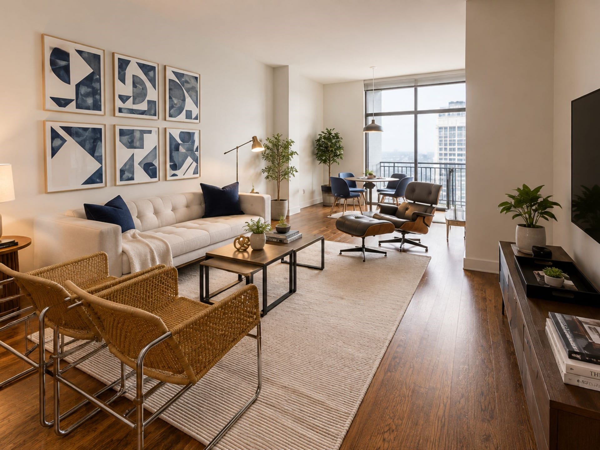 1400 McKinney Street, #2312, Houston, TX 77002 Light-filled living and dining area with warm hardwood floors, sophisticated finishes and expansive windows showcasing elevated city views.