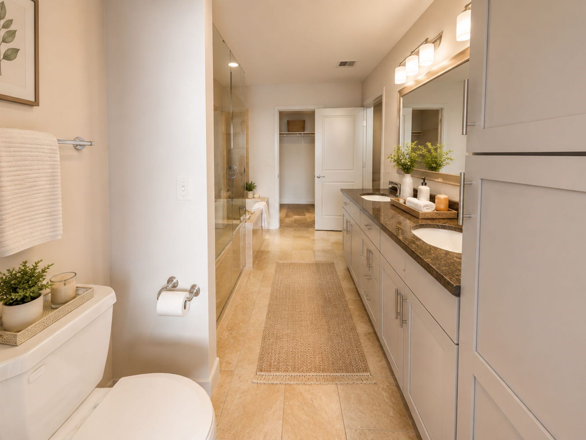 1400 McKinney Street, #2312, Houston, TX 77002 Spacious primary bath features an extended granite vanity, abundant cabinetry and a thoughtfully designed layout with generous storage.