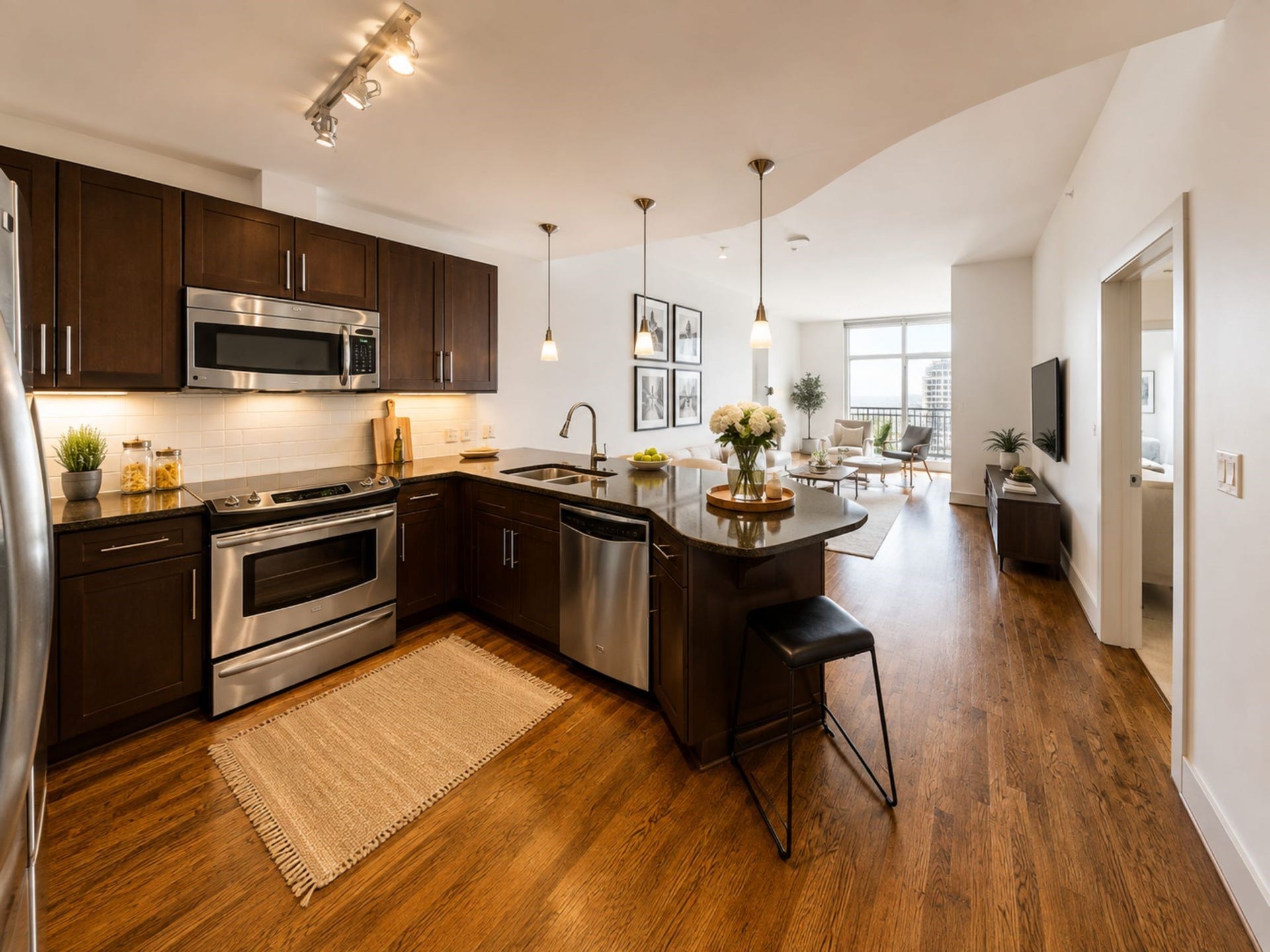 1400 McKinney Street, #2312, Houston, TX 77002 Gourmet kitchen with granite countertops, stainless steel appliances and generous cabinetry flows seamlessly into the open-concept living area.