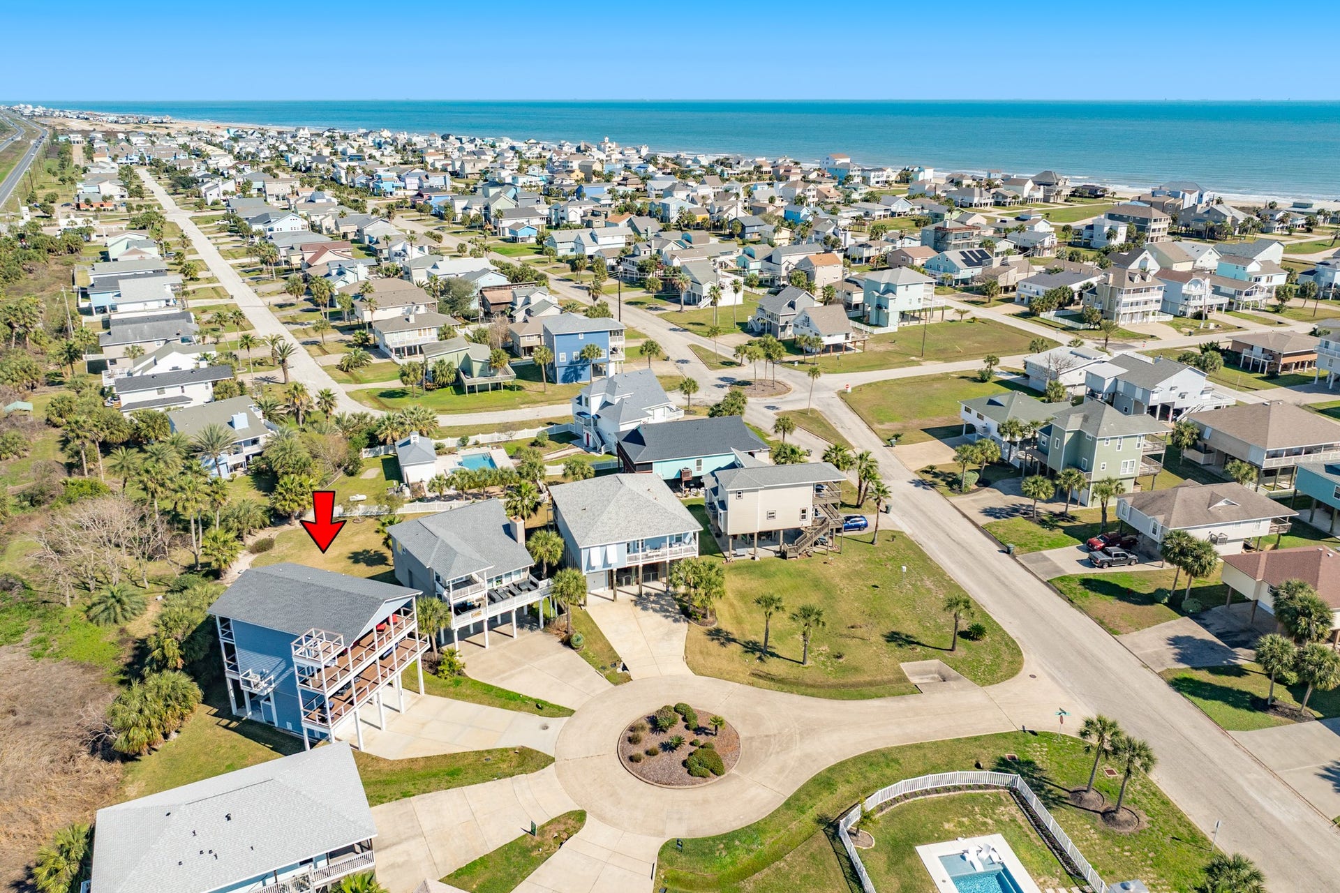 3903 Pirates Beach Blvd Court, Galveston, TX 77554 Aerial view of home looking towards the east.